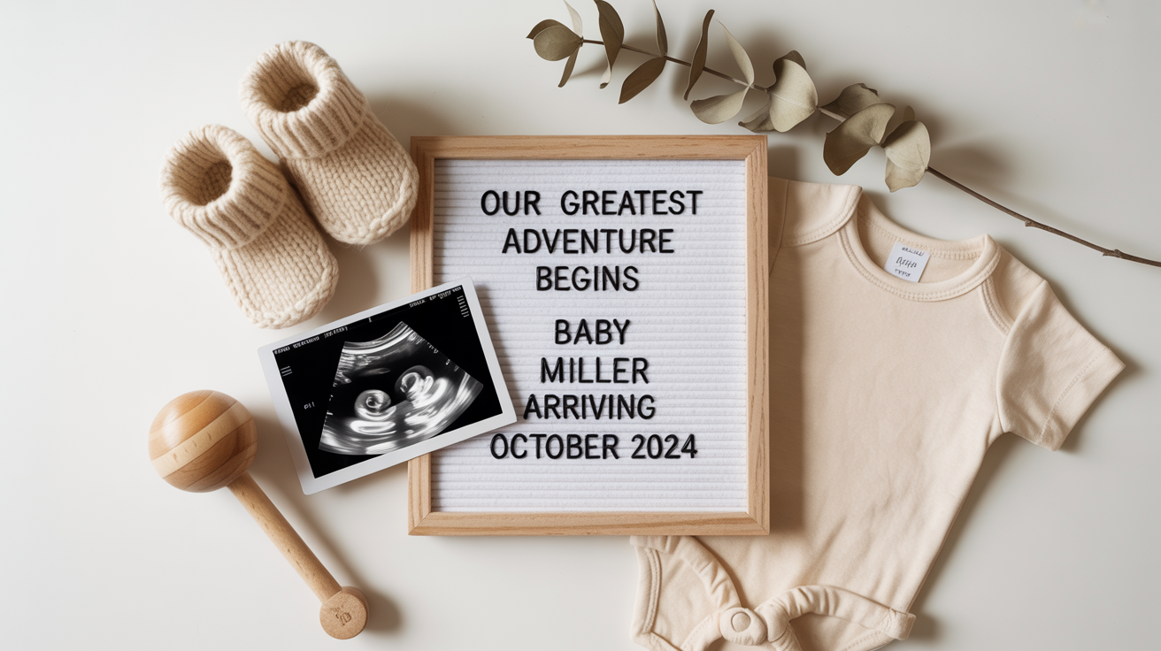 A flat lay pregnancy announcement mockup on a white background, featuring a letter board with the text 'Our greatest adventure begins, Baby Miller arriving October 2024', an ultrasound photo, baby booties, and eucalyptus sprigs.