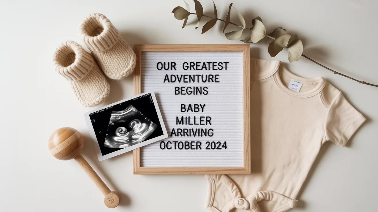 A flat lay pregnancy announcement mockup on a white background, featuring a letter board with the text 'Our greatest adventure begins, Baby Miller arriving October 2024', an ultrasound photo, baby booties, and eucalyptus sprigs.