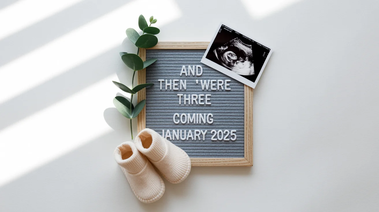A minimalist flat lay for a pregnancy announcement, showing a letter board that reads 'And Then There Were Three, Coming January 2025', alongside an ultrasound photo and tiny baby booties on a white background.
