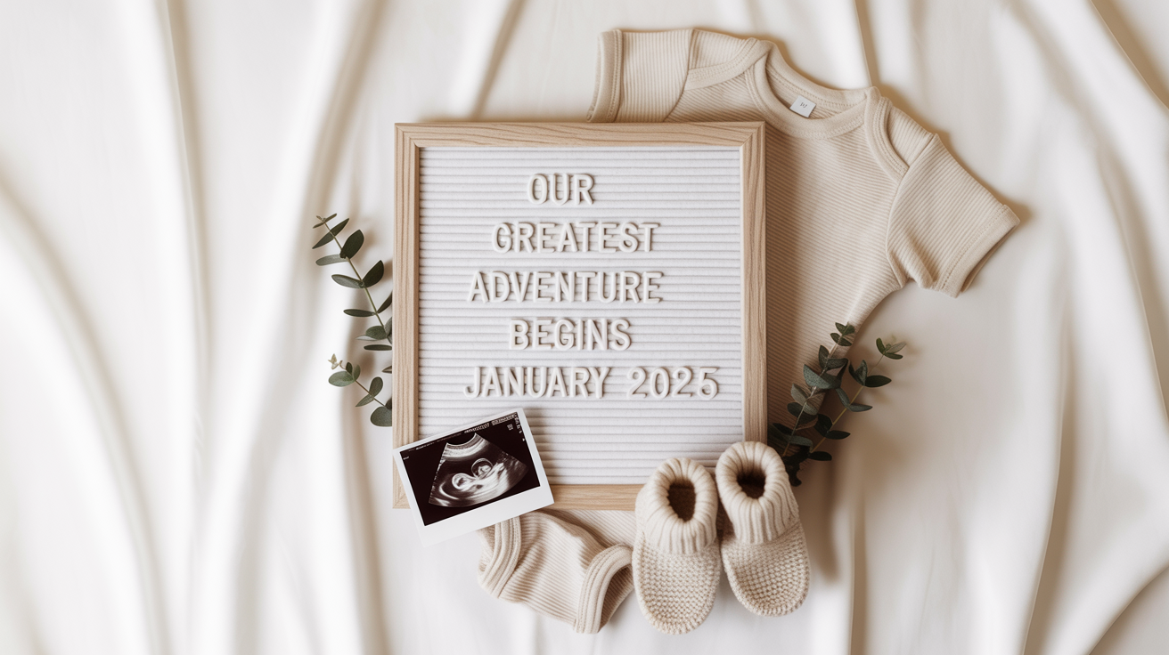 A modern flat lay pregnancy announcement featuring a letter board that reads 'Our Greatest Adventure Begins January 2025', an ultrasound photo, tiny baby booties, and a onesie on a clean white background.