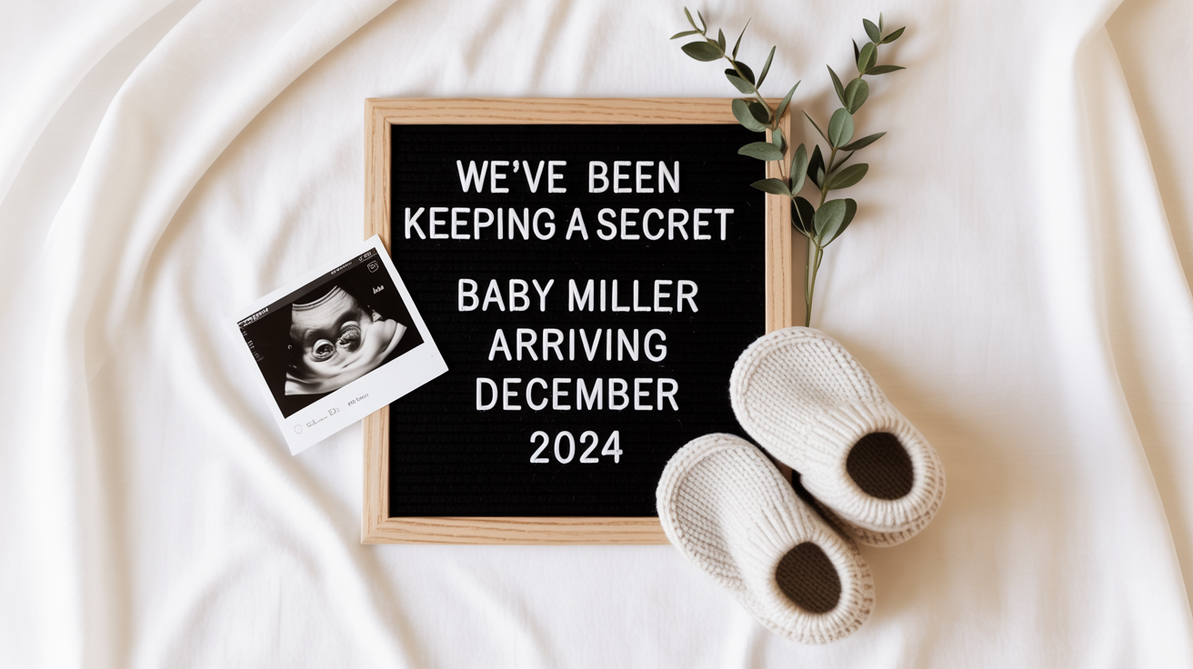 A modern flat lay pregnancy announcement on a white background, featuring a letter board that reads 'We've Been Keeping A Secret' and 'Baby Miller Arriving December 2024', alongside an ultrasound photo, tiny cream-colored booties, and sprigs of eucalyptus.