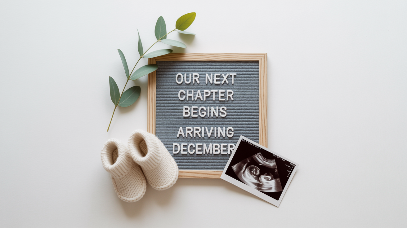 A minimalist flat lay pregnancy announcement on a white background, showing a letter board that says 'Our Next Chapter Begins, Arriving December', an ultrasound photo, and a pair of tiny baby booties.