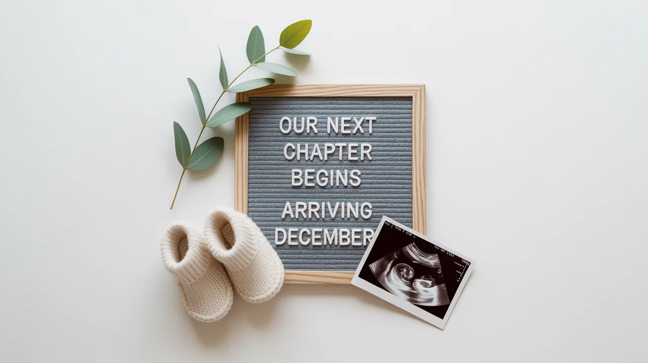 A minimalist flat lay pregnancy announcement on a white background, showing a letter board that says 'Our Next Chapter Begins, Arriving December', an ultrasound photo, and a pair of tiny baby booties.