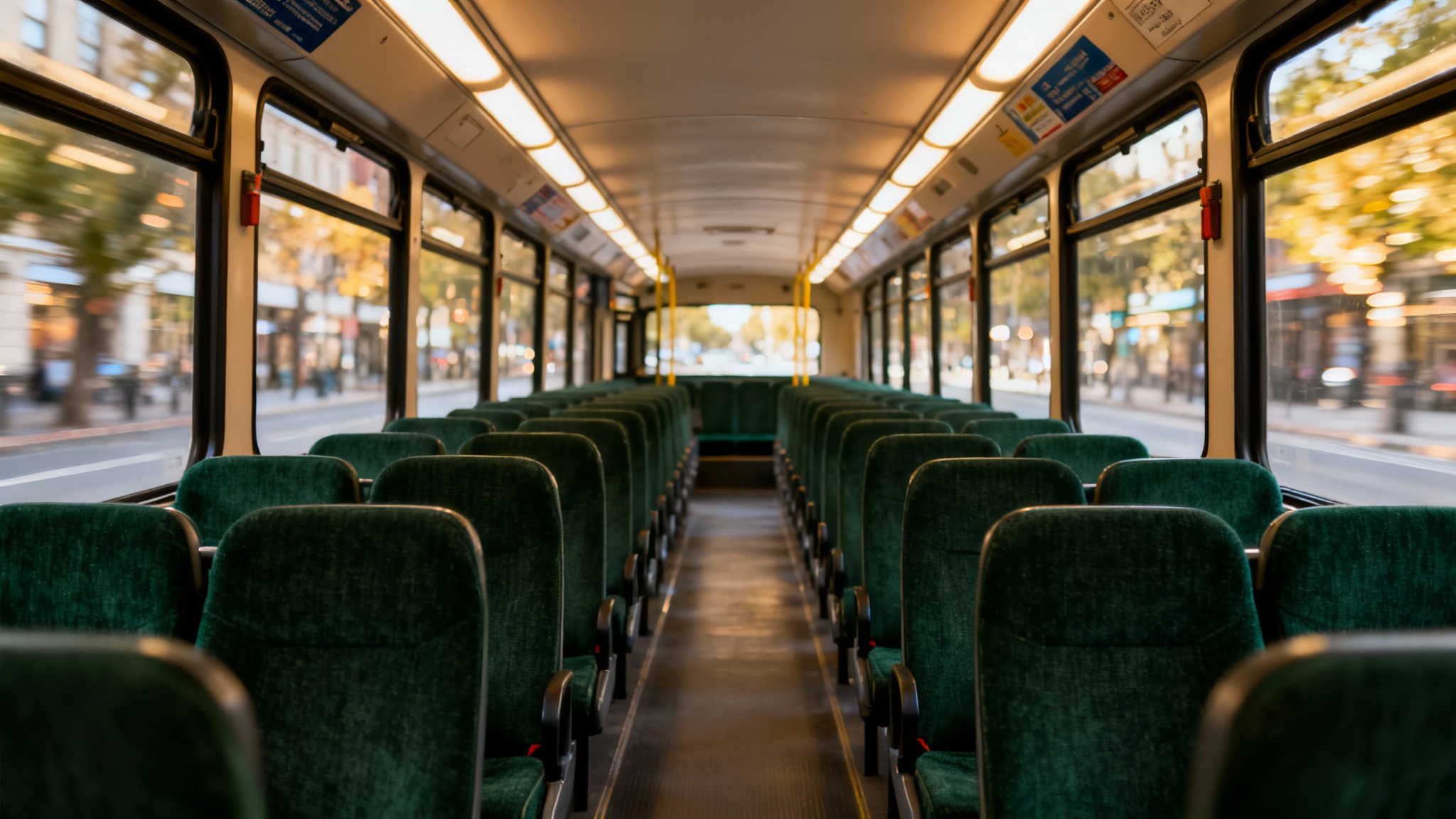 A clean and empty interior of a modern public bus, with neat rows of dark green seats and a blurred city view through the windows, suitable for a professional background.