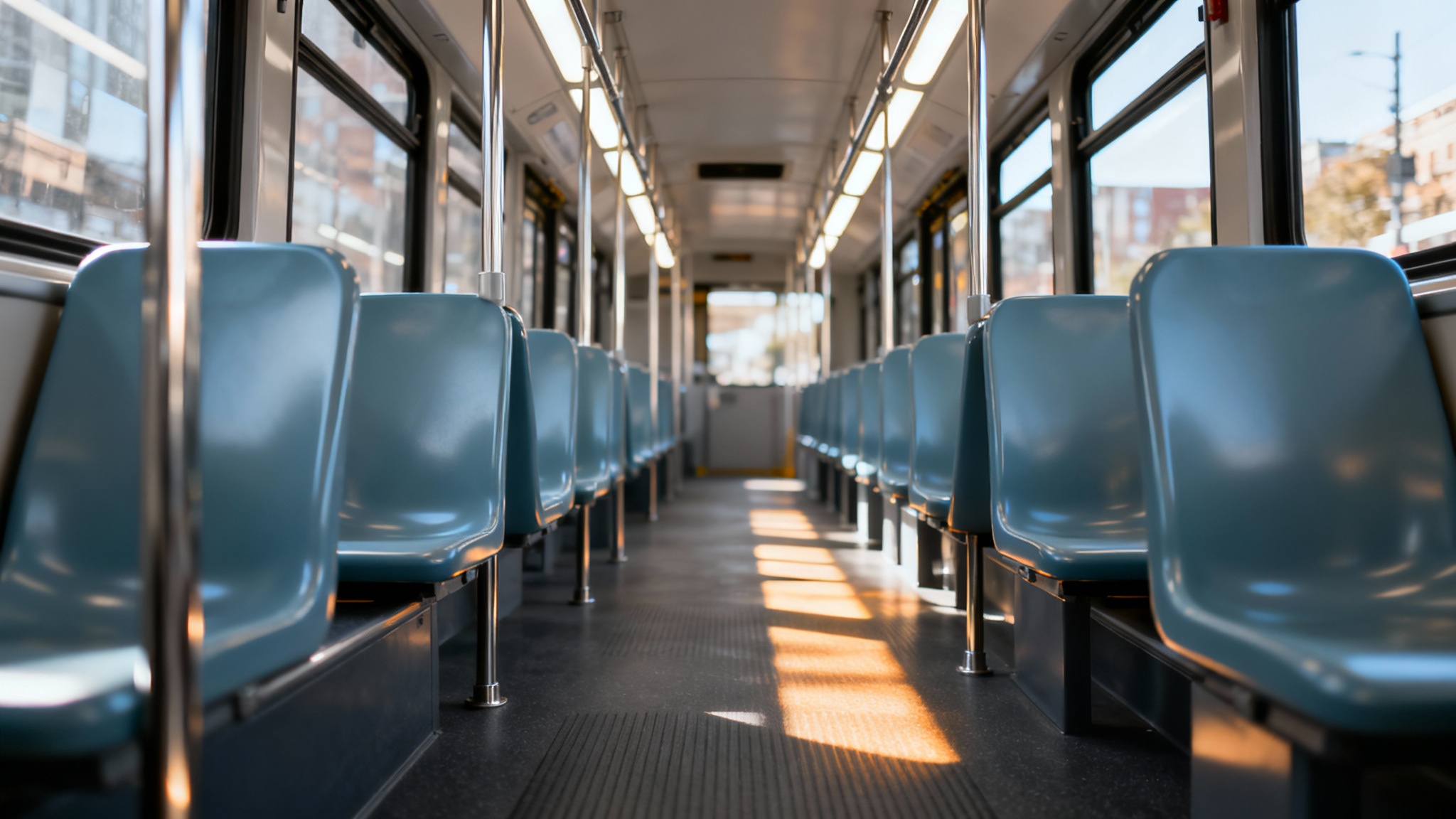 A clean and modern interior of an empty city bus, with rows of blue seats and large windows showing a bright, blurred urban scene outside.