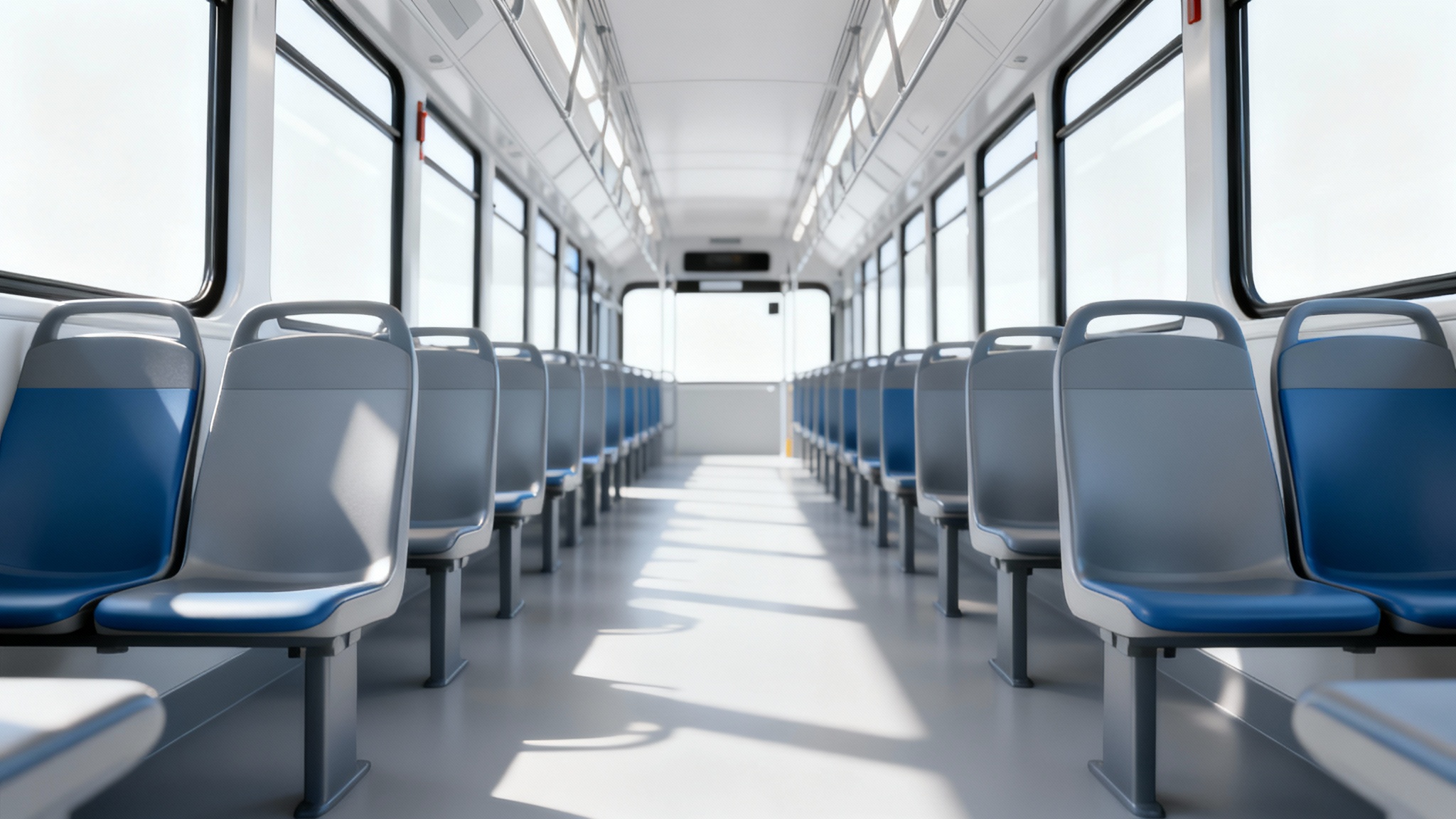 A clean and modern empty bus interior, featuring rows of gray and blue seats with bright sunlight streaming through the windows, presented on a white background.