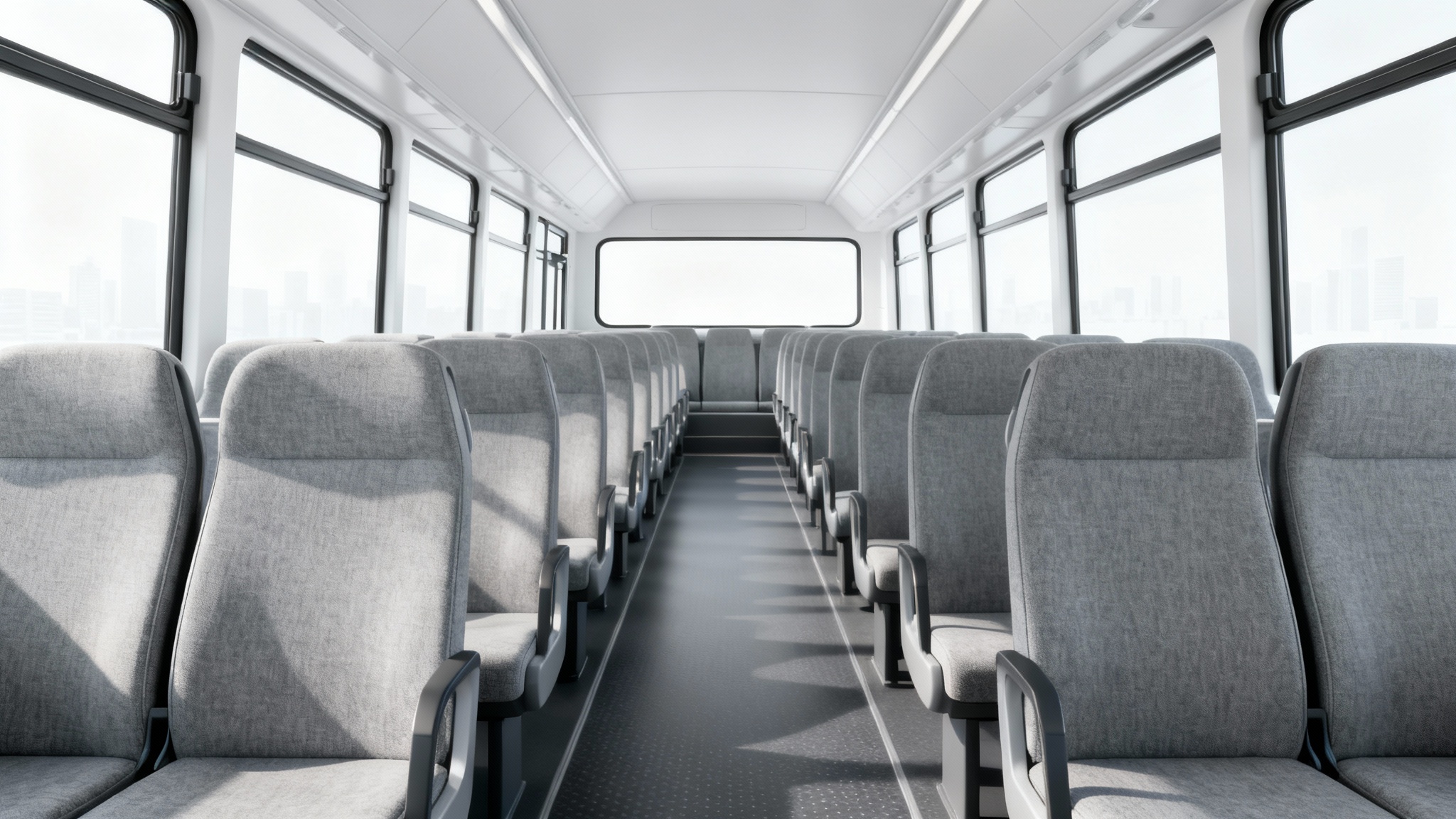 A clean, modern interior of an empty city bus with grey seats, viewed from the back, set against a plain white background.