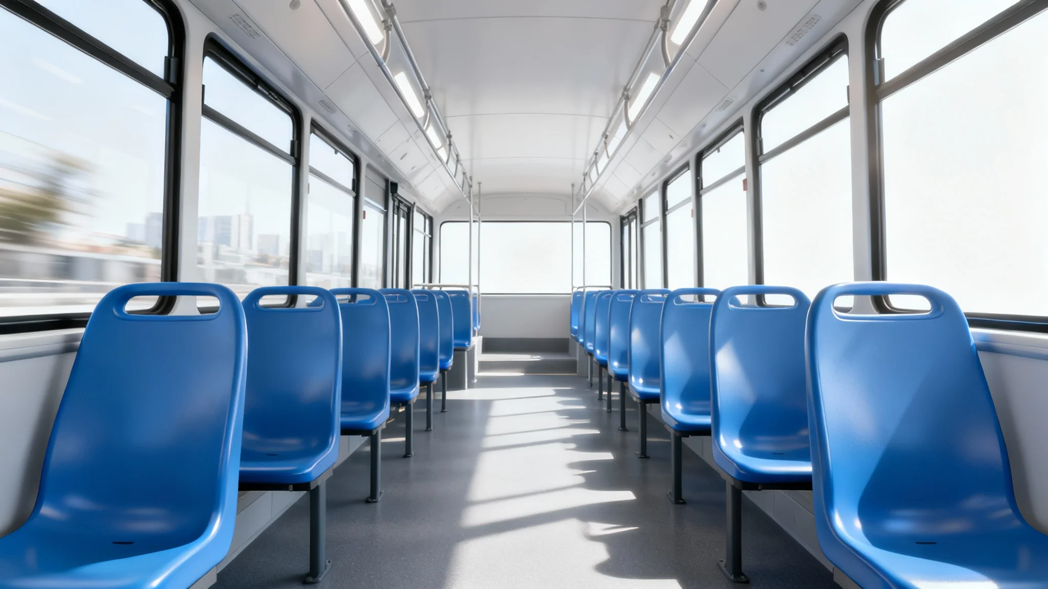 Interior of a clean, modern city bus with rows of empty blue seats, viewed from the back and set against a plain white background.