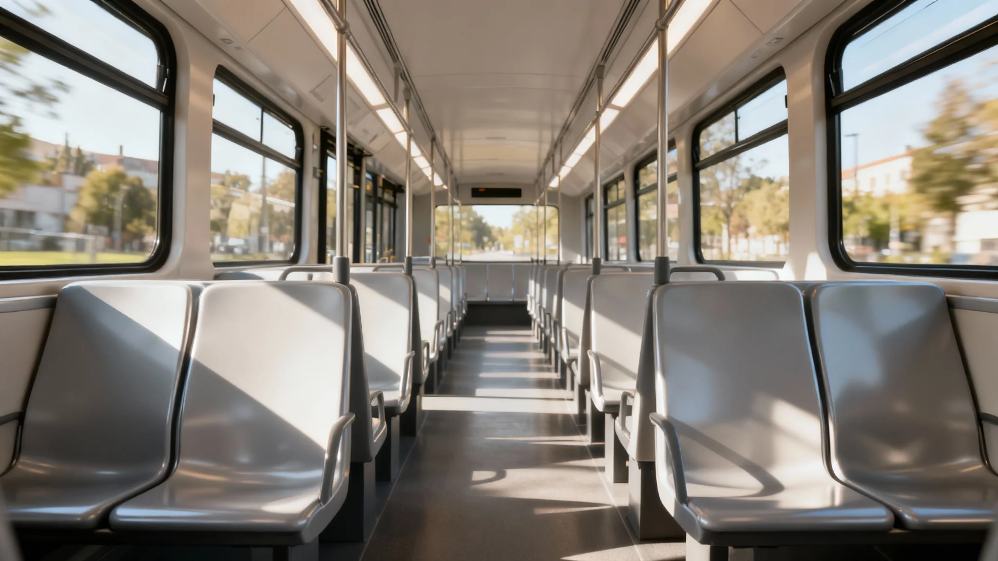 A clean, bright interior of a modern, empty bus with sunlight streaming through the windows, creating a peaceful and spacious atmosphere.