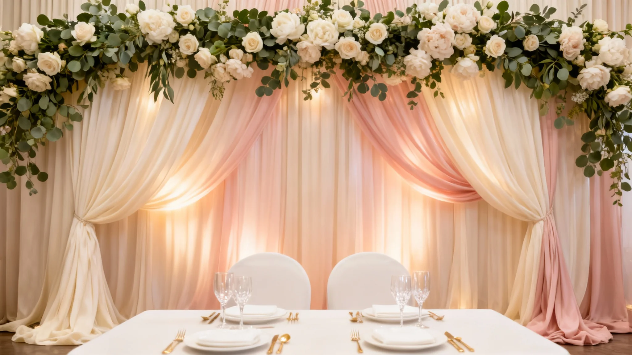 An elegant wedding reception scene centered on a romantic backdrop of ivory and blush drapes decorated with roses and greenery, with a beautifully set dining table in the foreground.