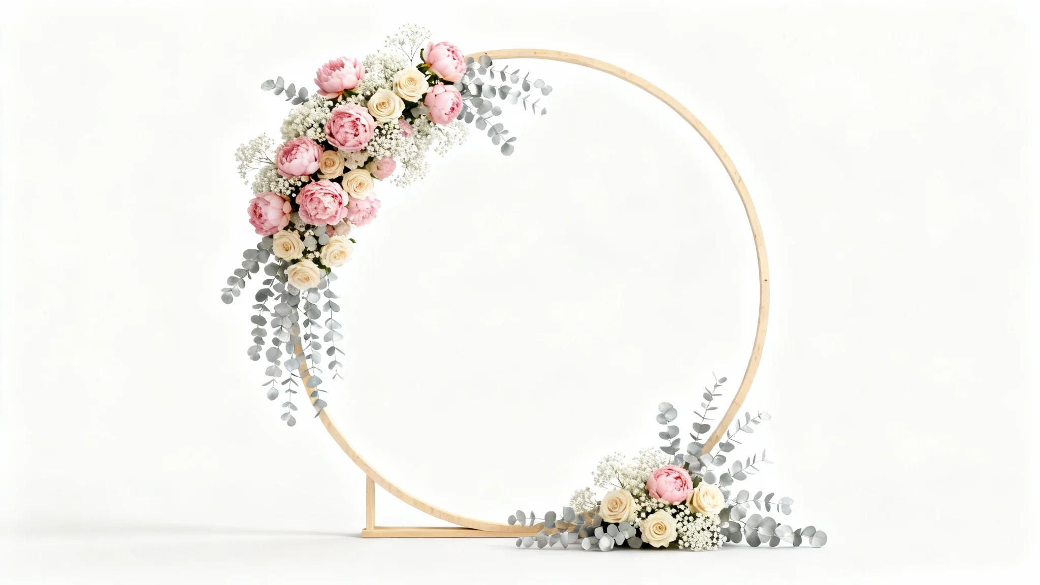 A beautiful circular wooden wedding backdrop decorated with pink and cream flowers and eucalyptus leaves, shown as a mockup against a plain white background.