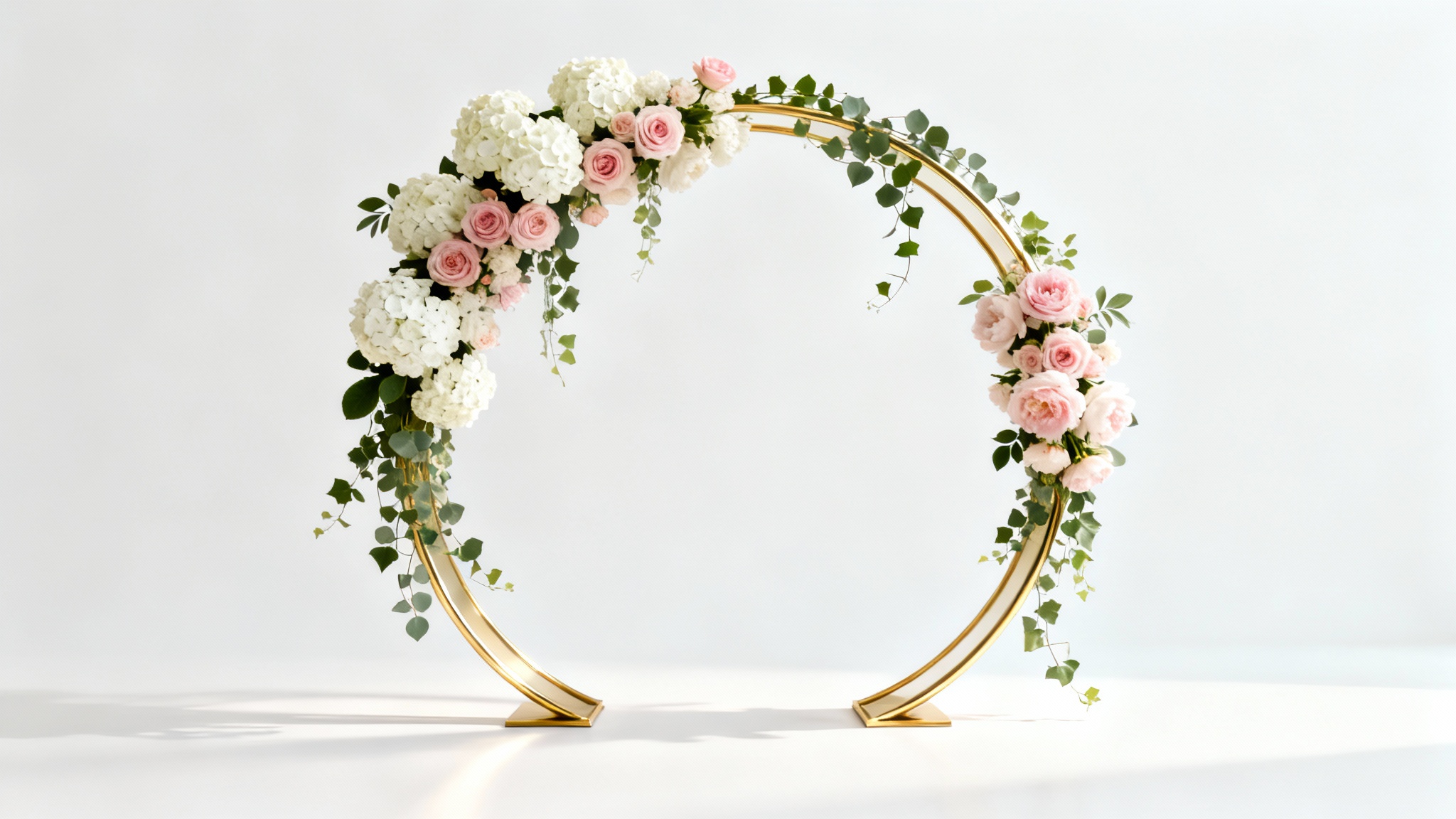 A photorealistic mockup of a circular gold wedding backdrop arch, elegantly decorated with white and pink flowers and greenery, standing against a plain white background.