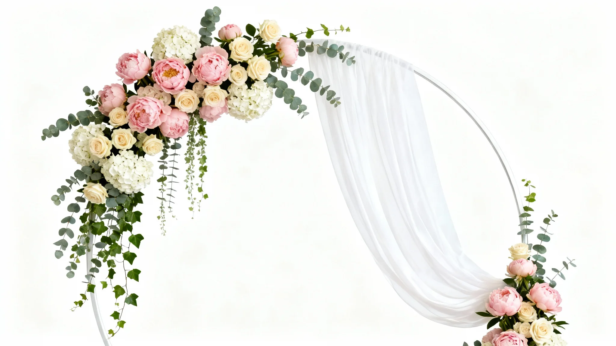 A photorealistic mockup of an elegant circular wedding backdrop adorned with pink and white flowers and draped fabric, displayed against a clean white background.