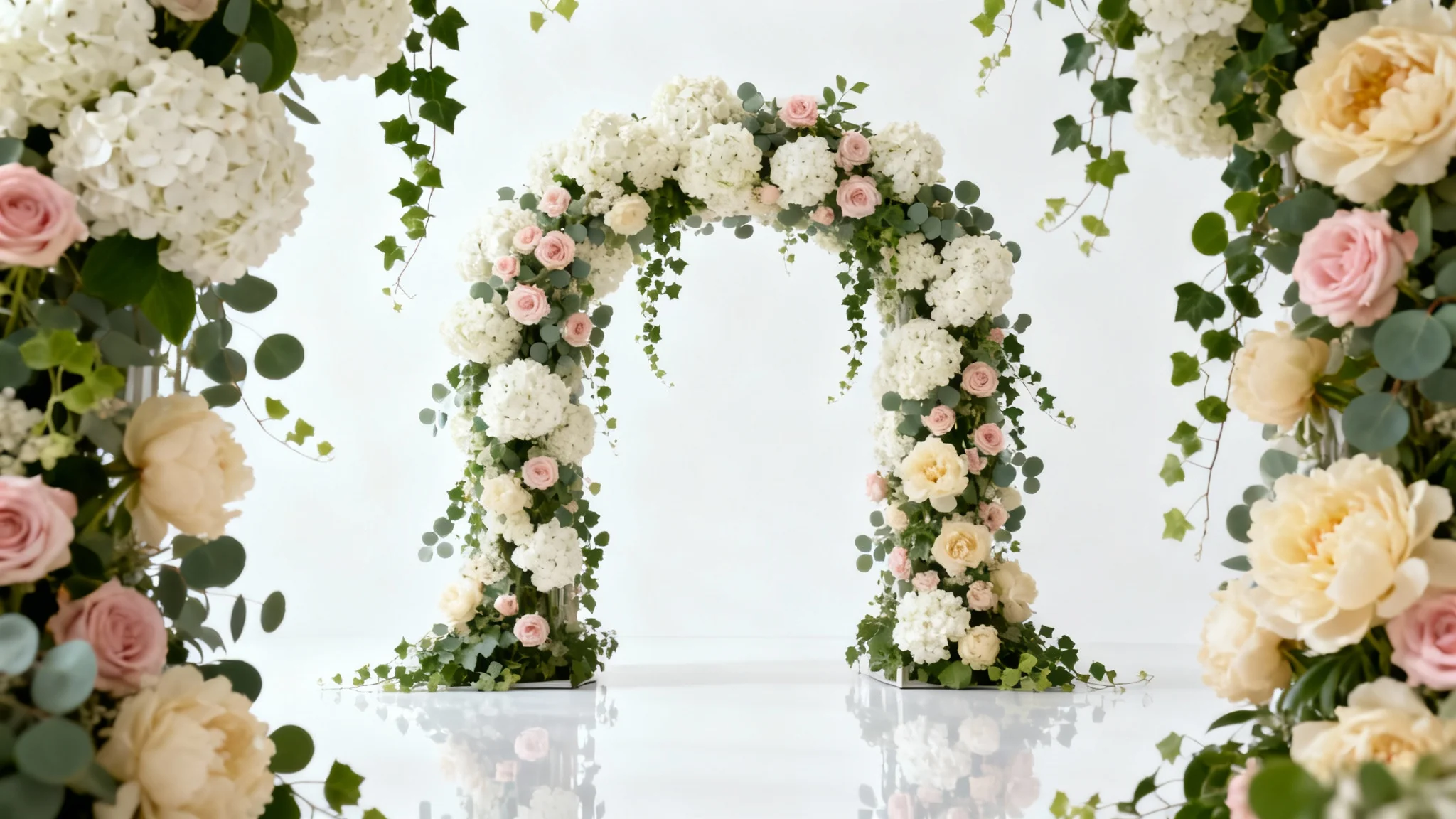 An elegant wedding backdrop mockup featuring a floral arch with white hydrangeas, pink roses, and green ivy, set against a clean white background.