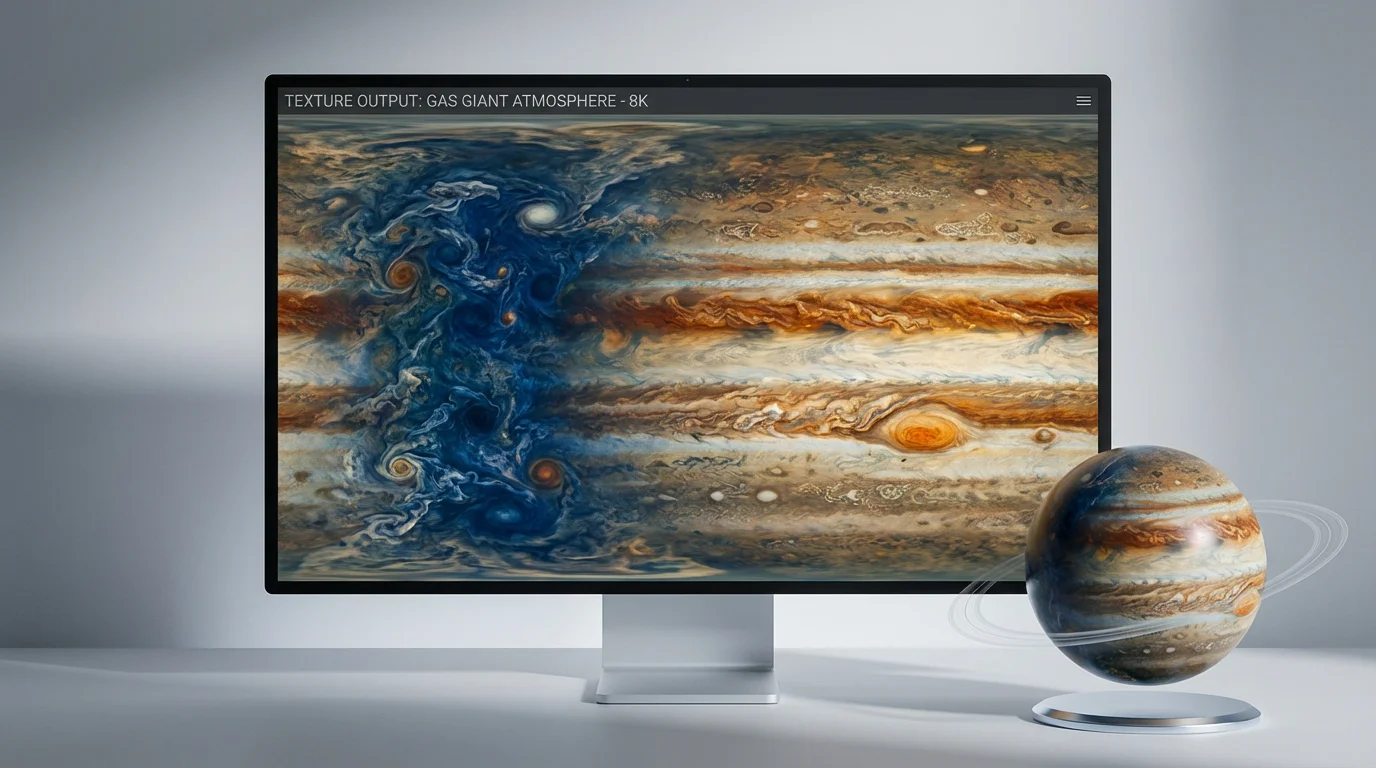 A high-resolution 2D texture map for a gas giant, showing vibrant swirls of orange, blue, and white, displayed next to a 3D model of the planet to show the final result.