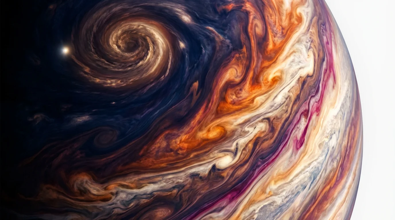 A photorealistic, detailed texture of a gas giant's atmosphere, showing swirling clouds in orange, white, and deep blue, with a large, powerful storm vortex visible.