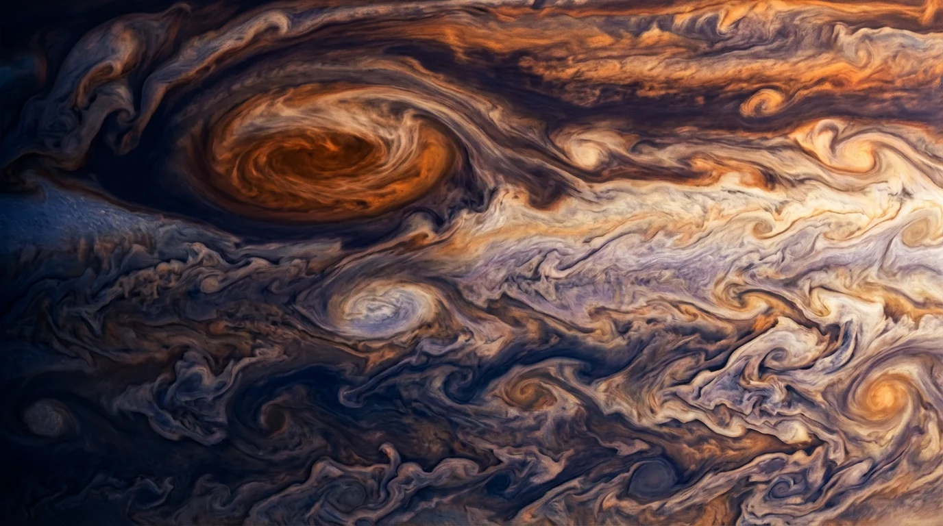 A hyper-detailed, close-up texture of a gas giant's atmosphere, showcasing swirling bands of orange, blue, and white clouds and a massive, turbulent storm.