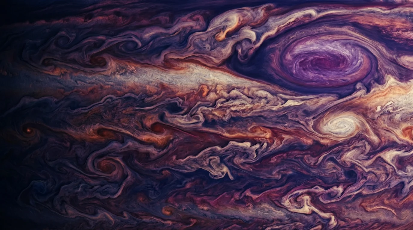 A highly detailed, photorealistic texture of a gas giant's atmosphere, showing turbulent, swirling clouds in shades of indigo, magenta, and orange, with a massive violet storm vortex.