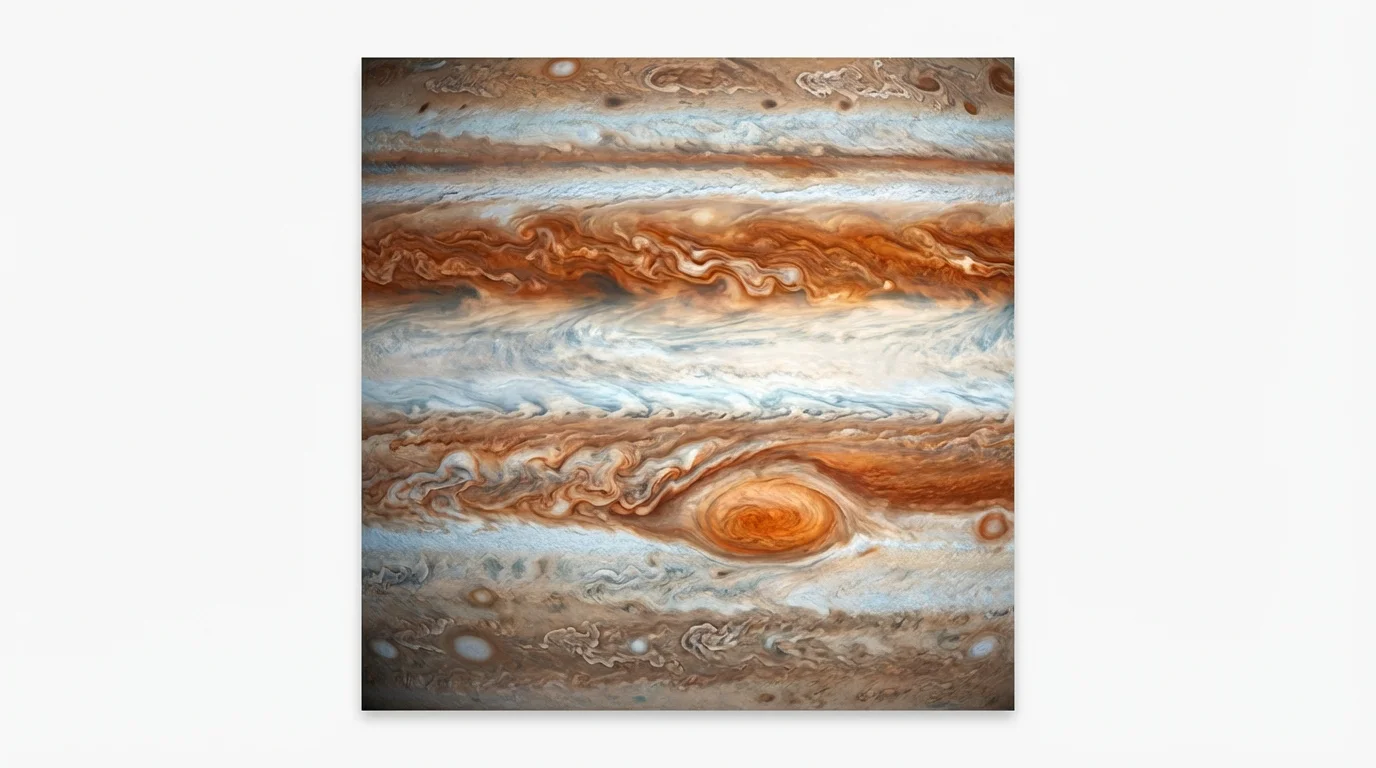 A photorealistic digital texture of a gas giant's atmosphere, featuring swirling clouds in shades of orange, red, and cream, presented as a sample on a white background.