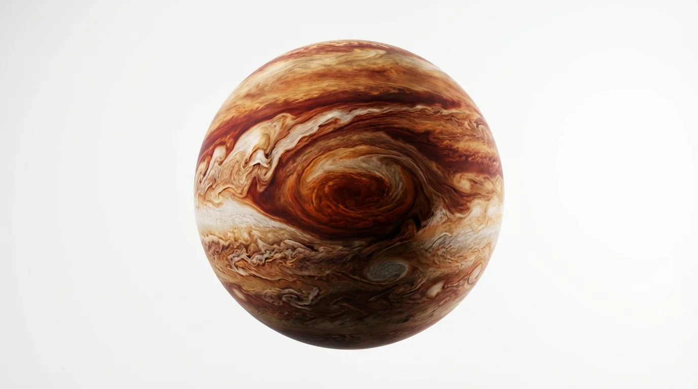 A detailed, spherical mockup of a gas giant's atmospheric texture, featuring swirling bands of orange, red, and white clouds and a large storm vortex, isolated against a clean white background.