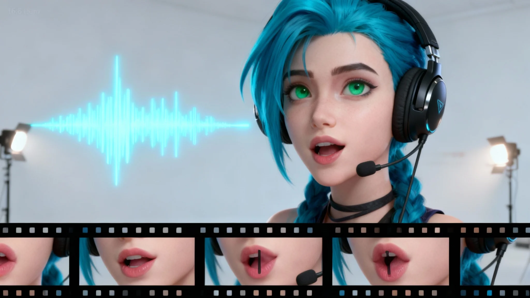 A high-quality digital avatar with blue hair and green eyes shown in mid-speech, with a visualization of an audio waveform and a filmstrip below showing different mouth shapes to demonstrate a lip-sync feature.