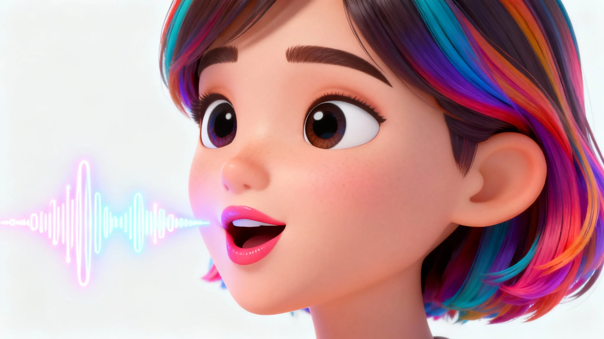 A close-up 3D render of a stylized female avatar with colorful hair, her mouth open as if speaking, with visual sound waves coming out to illustrate the concept of avatar lip-sync.