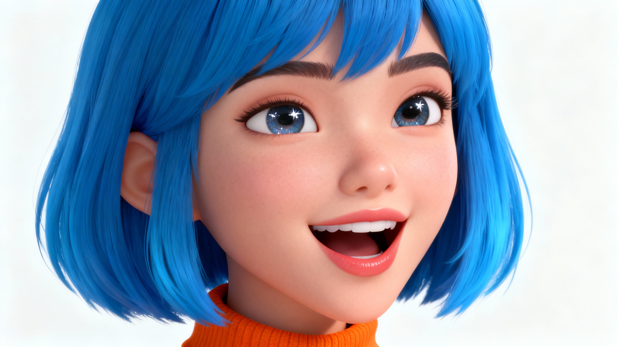 A 3D animated avatar of a woman with blue hair, shown from the chest up against a white background, with her mouth open as if she is speaking, demonstrating the concept of avatar lip syncing.