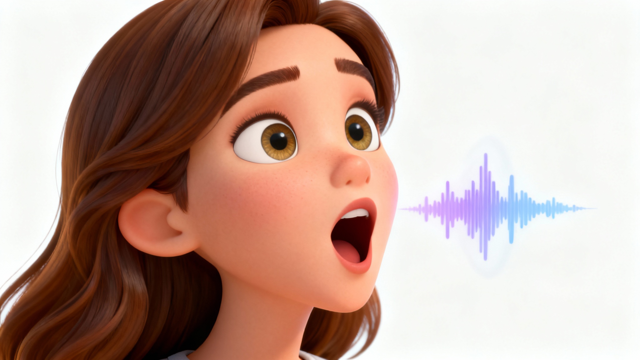 A 3D animated avatar of a woman with brown hair, shown from the shoulders up. Her mouth is open as if she is speaking, with sound waves emanating from it to illustrate the concept of lip-syncing.