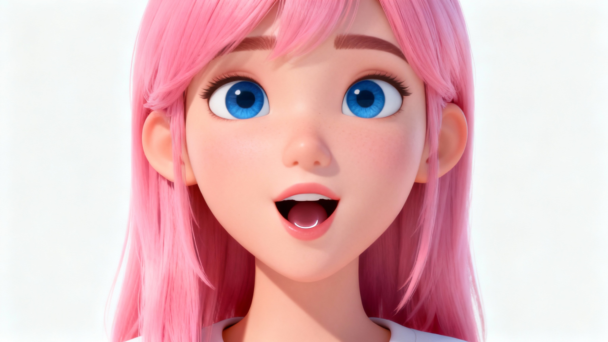 A close-up of a 3D animated female avatar with pink hair, her mouth open as if speaking, demonstrating avatar lip-sync technology against a clean white background.