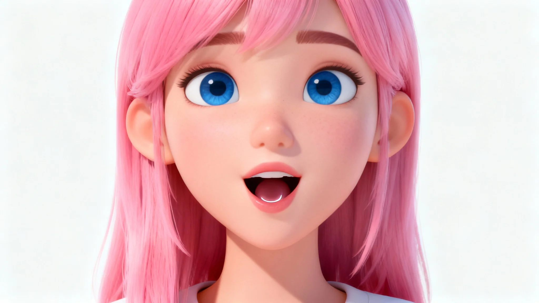 A close-up of a 3D animated female avatar with pink hair, her mouth open as if speaking, demonstrating avatar lip-sync technology against a clean white background.