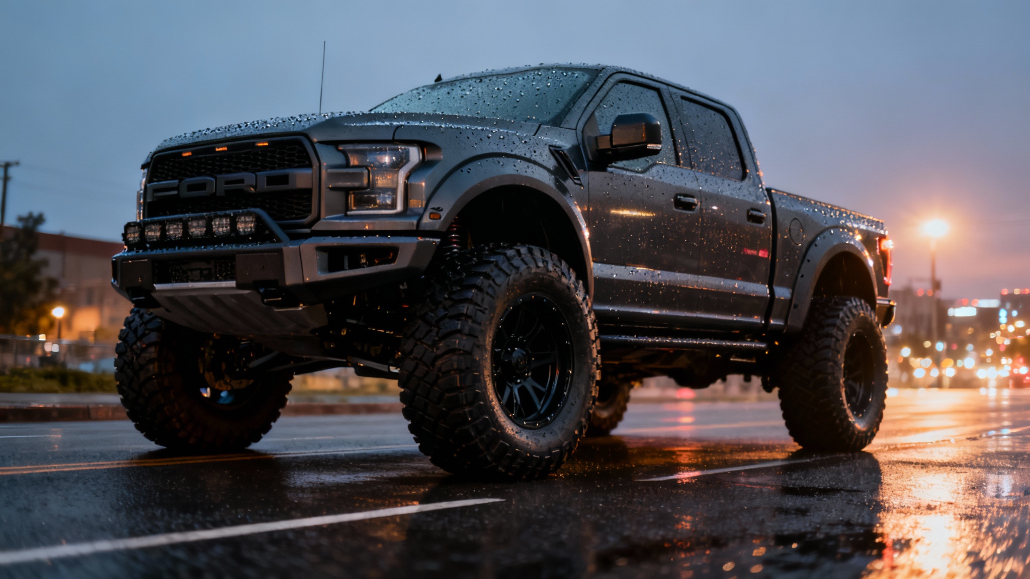A modern pickup truck with a lift kit and large off-road tires, shown in a dramatic low-angle shot on a wet city street at dusk, representing the final output of a vehicle visualizer.