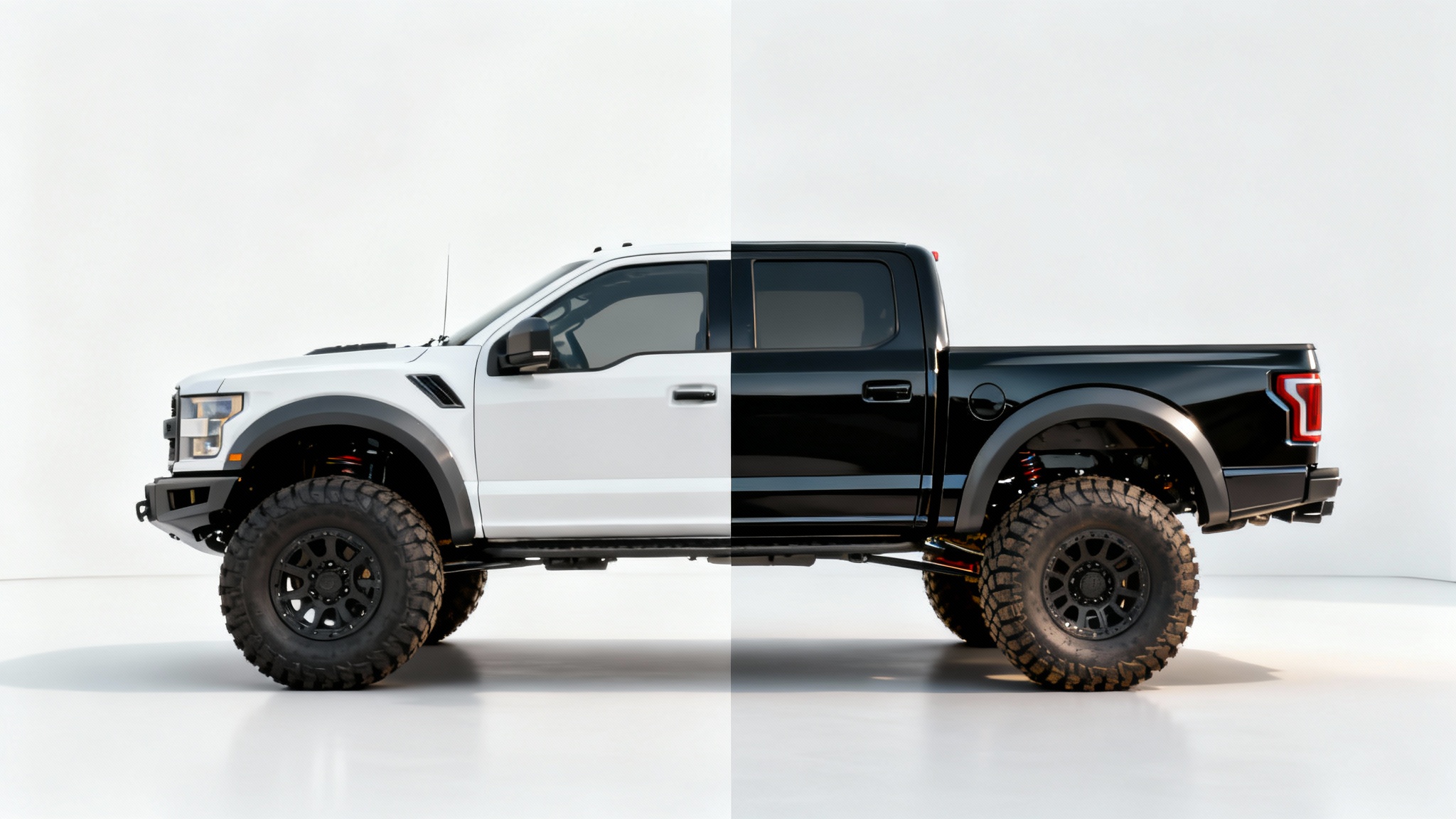 A side-by-side comparison image of a modern pickup truck, with the left side showing the stock factory height and the right side showing the truck with a lift kit and larger, aggressive off-road tires, all on a clean white background.