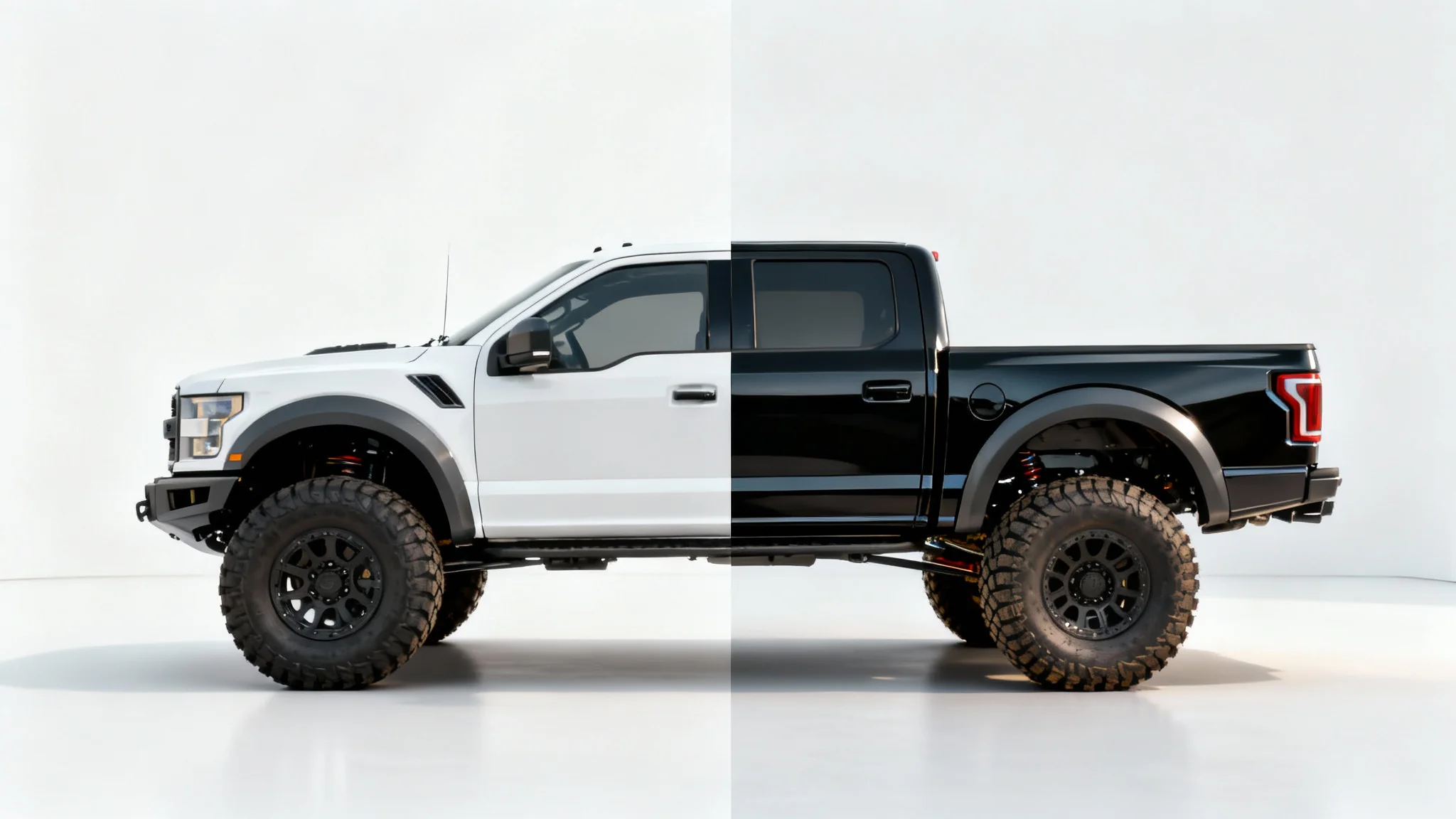 A side-by-side comparison image of a modern pickup truck, with the left side showing the stock factory height and the right side showing the truck with a lift kit and larger, aggressive off-road tires, all on a clean white background.