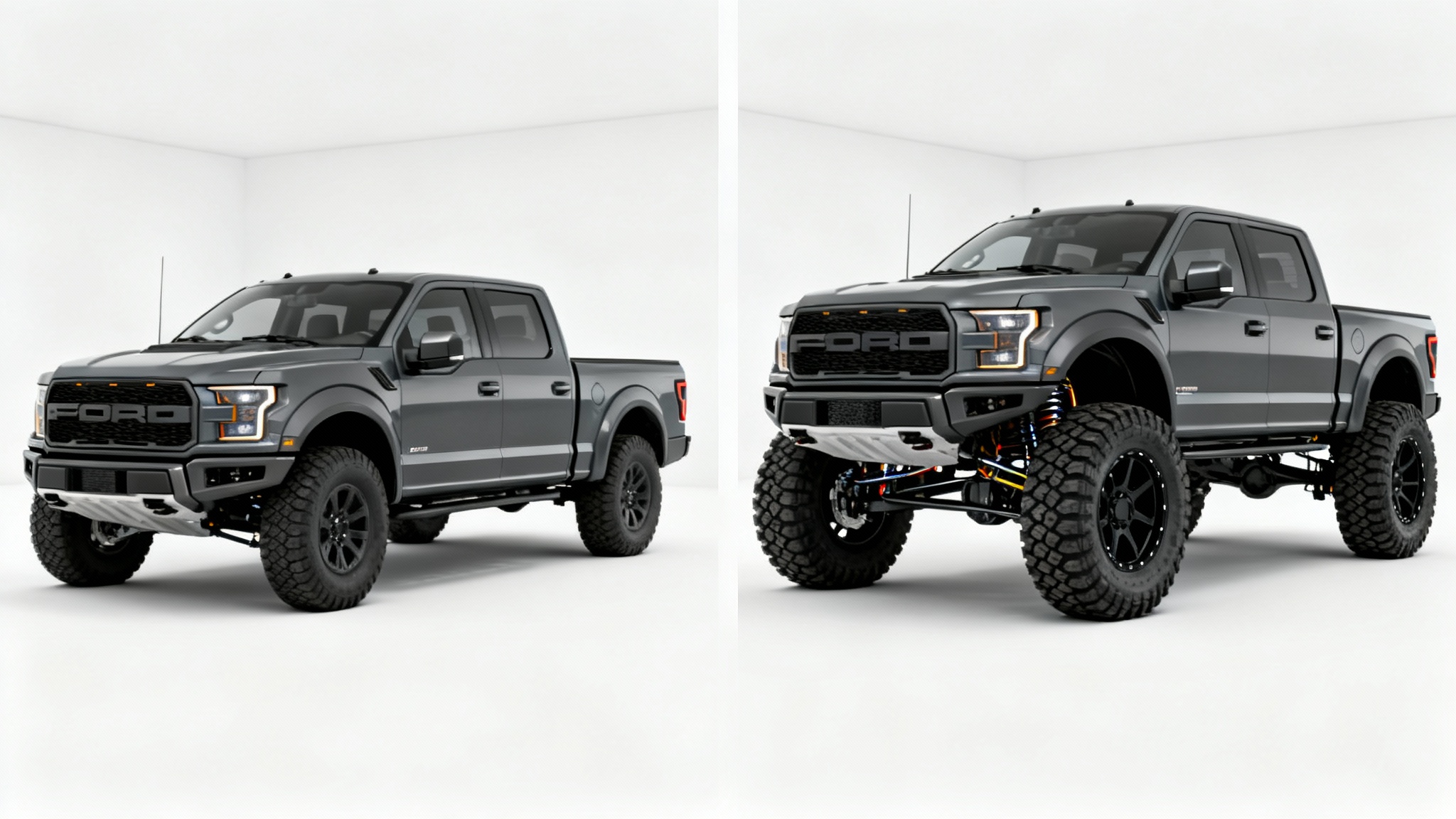 A side-by-side comparison of a pickup truck, showing the 'before' version with stock height and the 'after' version with a lift kit and larger tires.