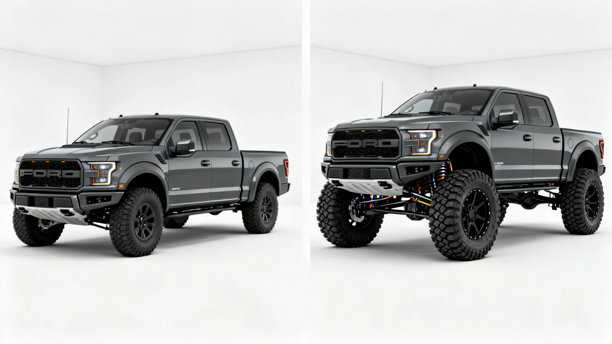 A side-by-side comparison of a pickup truck, showing the 'before' version with stock height and the 'after' version with a lift kit and larger tires.