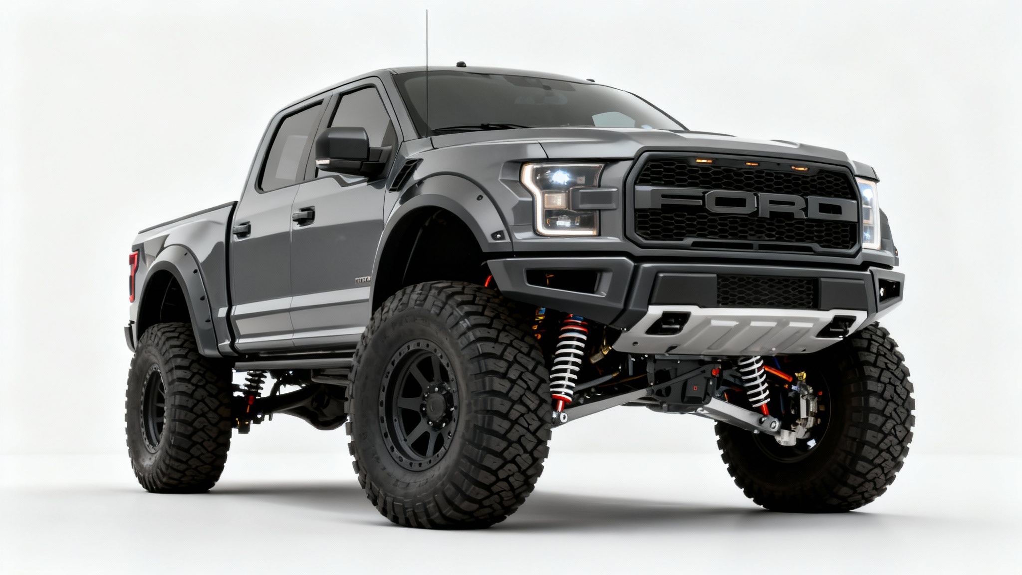 A close-up studio photograph of a modern gray pickup truck modified with a significant lift kit and large, rugged off-road tires, set against a plain white background.
