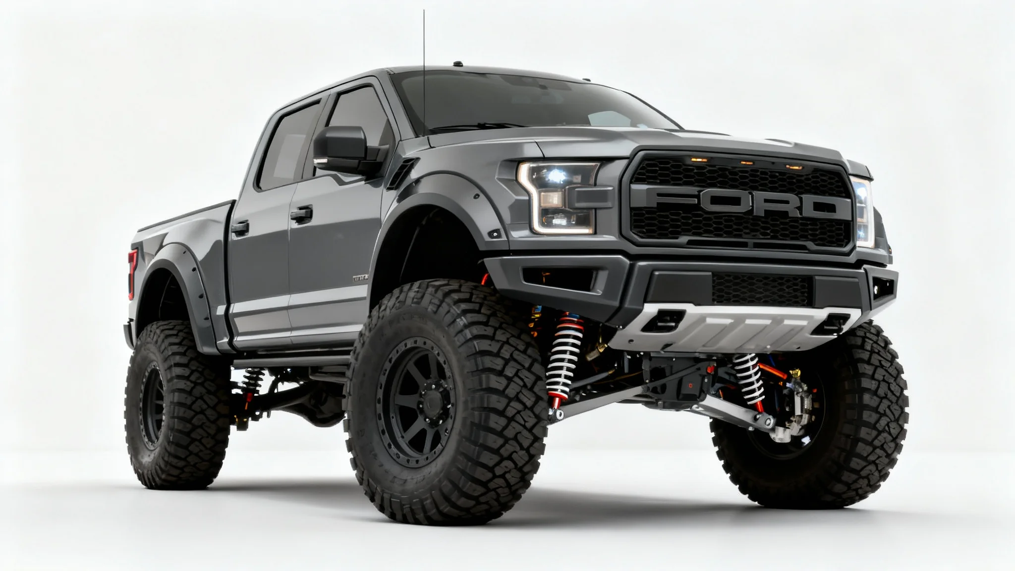 A close-up studio photograph of a modern gray pickup truck modified with a significant lift kit and large, rugged off-road tires, set against a plain white background.