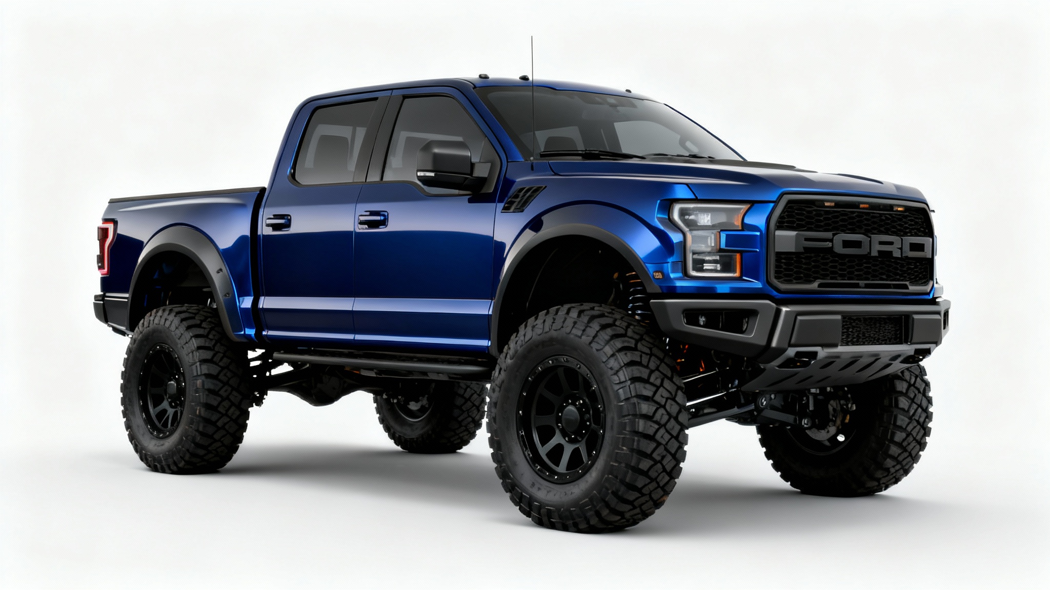 A modern, metallic blue off-road truck with a visible lift kit and large, rugged tires, presented in a professional studio shot against a plain white background.