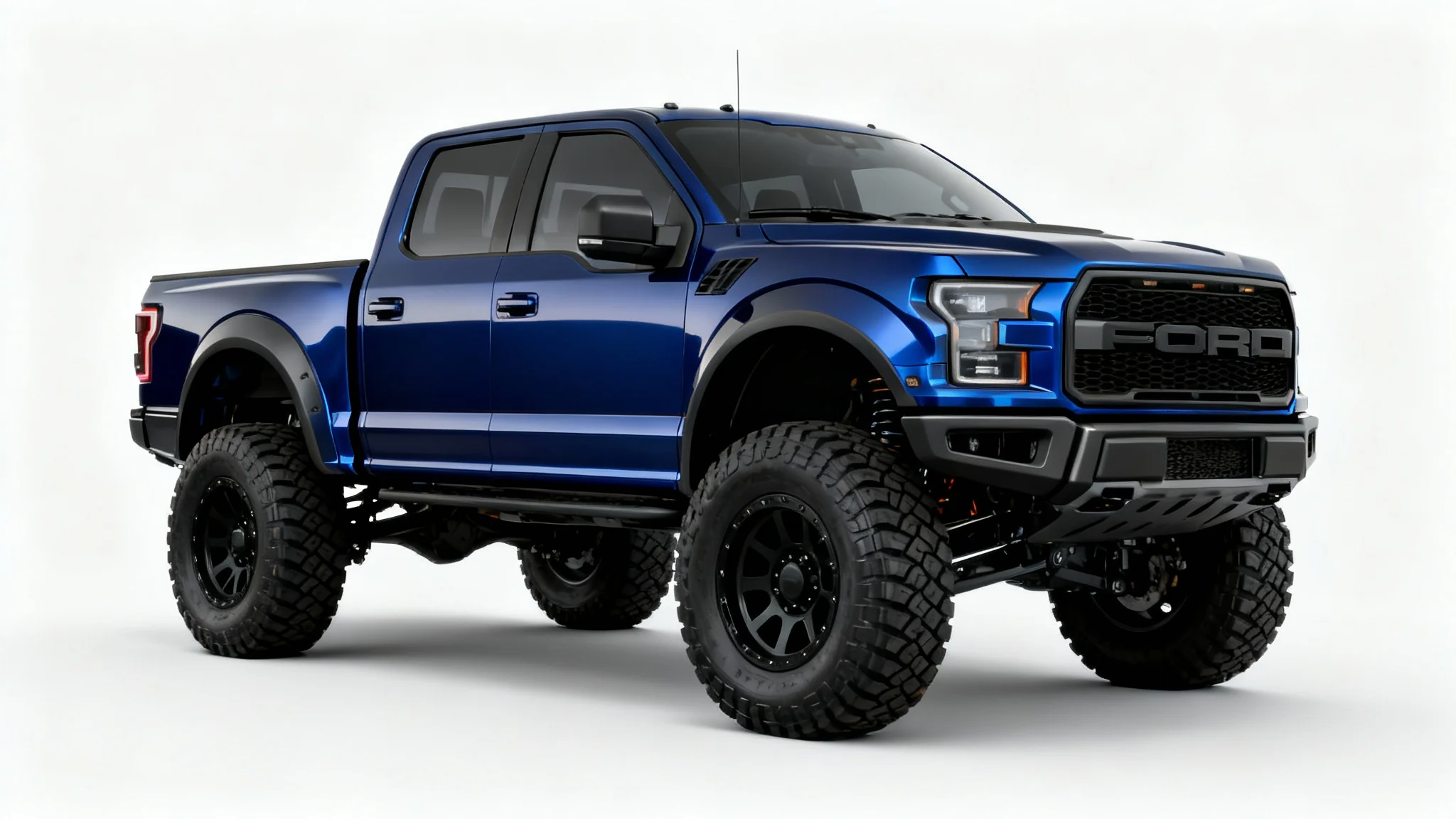 A modern, metallic blue off-road truck with a visible lift kit and large, rugged tires, presented in a professional studio shot against a plain white background.