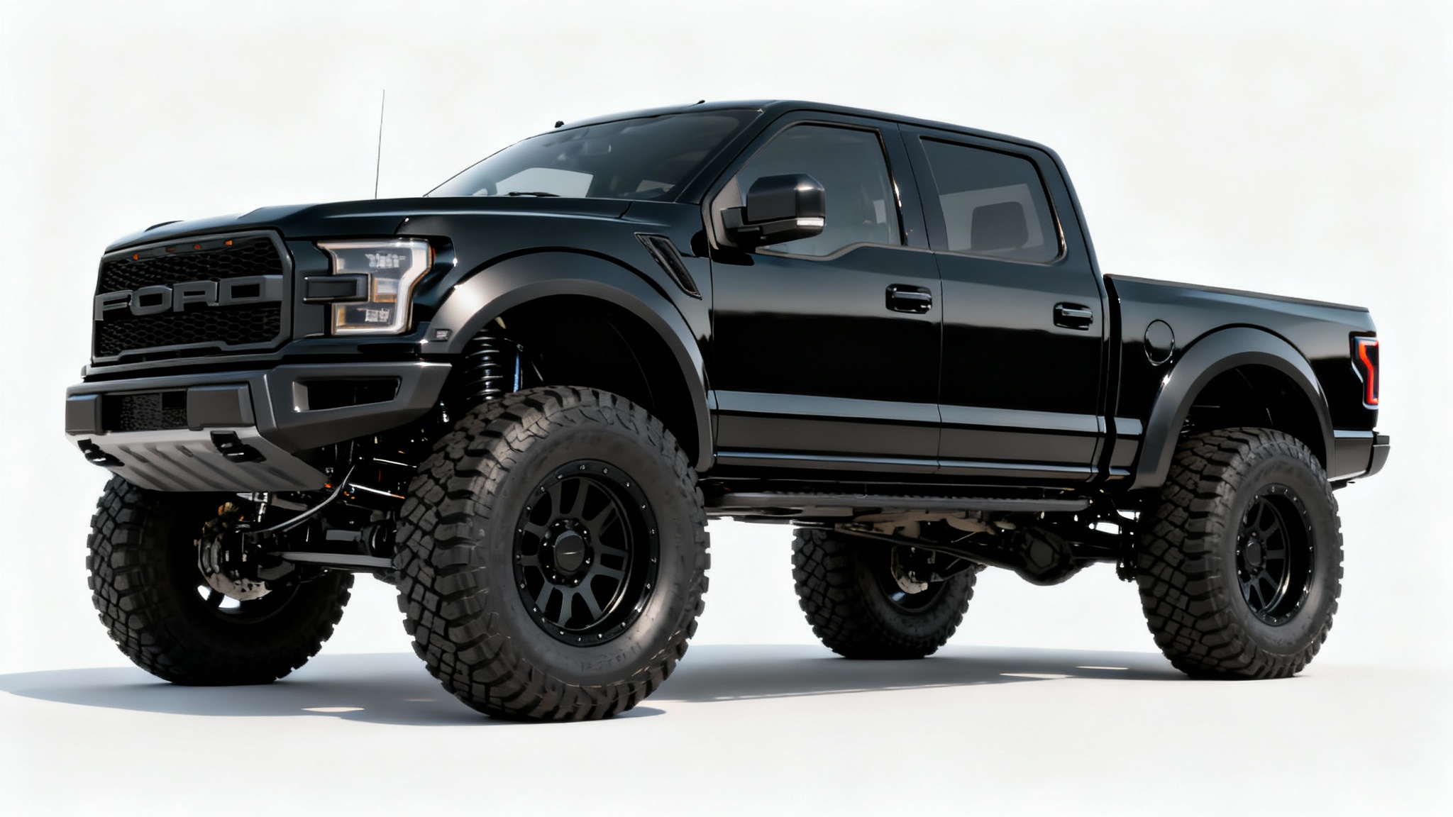 A photorealistic image of a modern black pickup truck with a large lift kit and oversized off-road tires, showcased in a clean white studio setting.