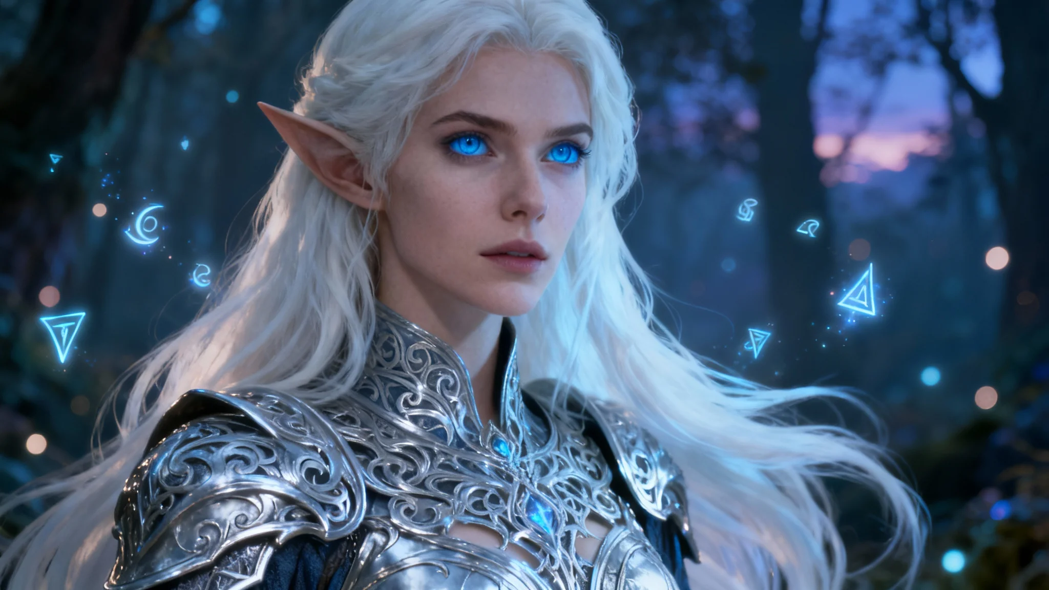 A highly detailed fantasy portrait of a beautiful elven sorceress with white hair and blue eyes in an enchanted forest, representing a final result from an AI art tool.