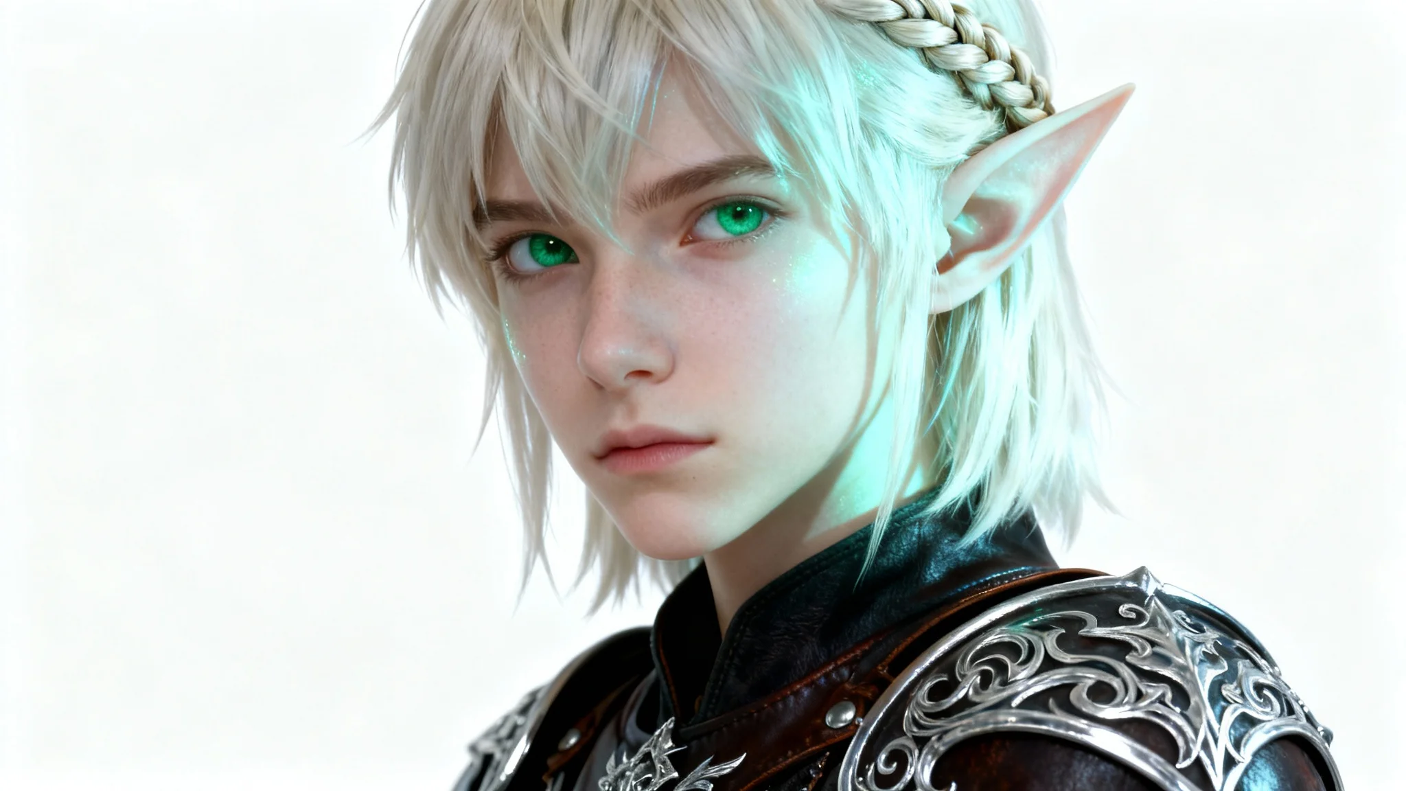 A highly detailed, photorealistic fantasy portrait of a male elf with platinum blonde hair and green eyes, wearing ornate leather armor against a stark white background.