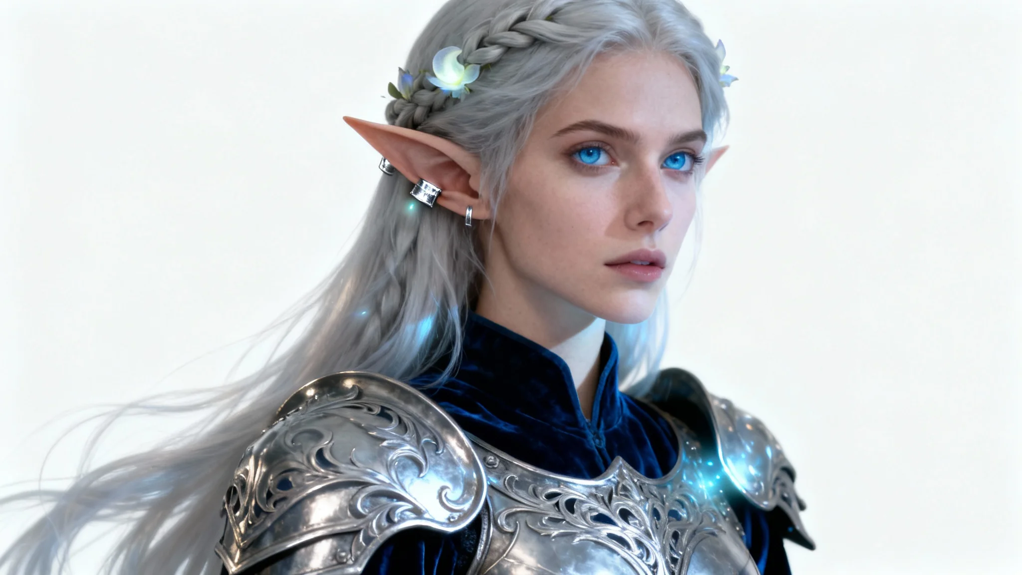 A hyperrealistic fantasy portrait of an elven princess with silver hair and blue eyes, wearing ornate silver armor against a clean white background.