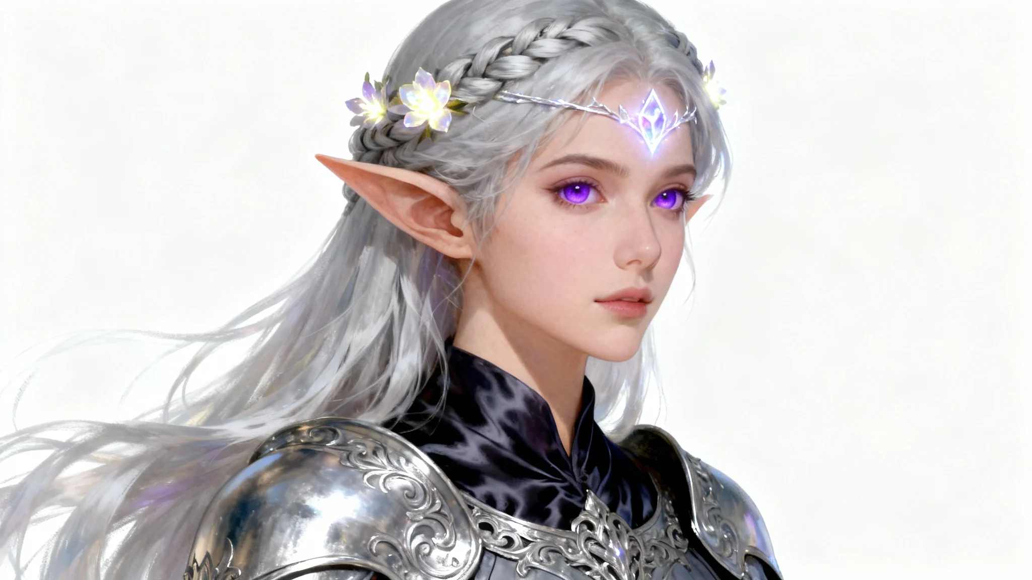 A detailed fantasy portrait of an ethereal elven woman with silver hair and glowing jewelry against a clean white background.