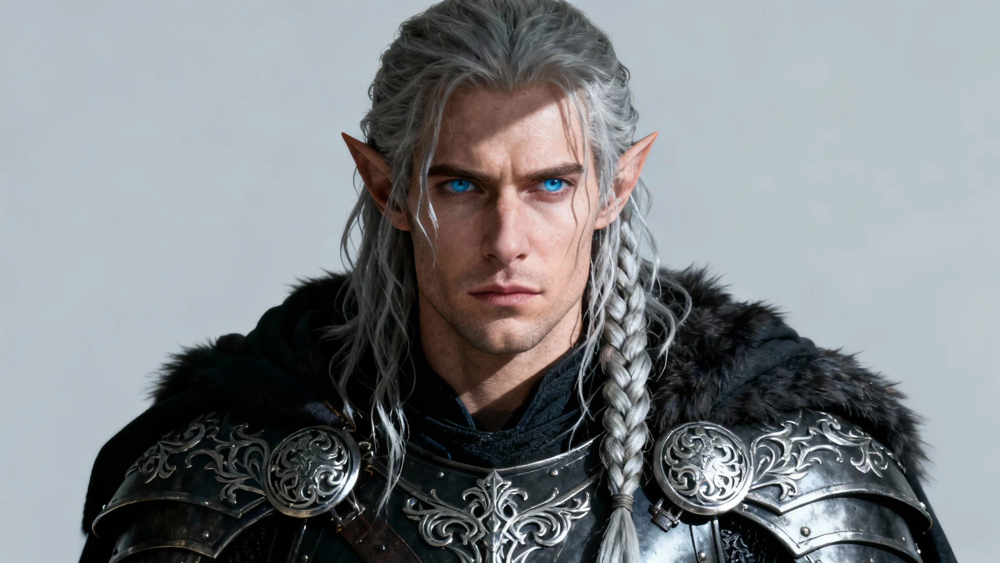 A highly detailed fantasy portrait of a male elf warrior with silver hair and ice-blue eyes, wearing ornate steel armor against a solid light gray background.