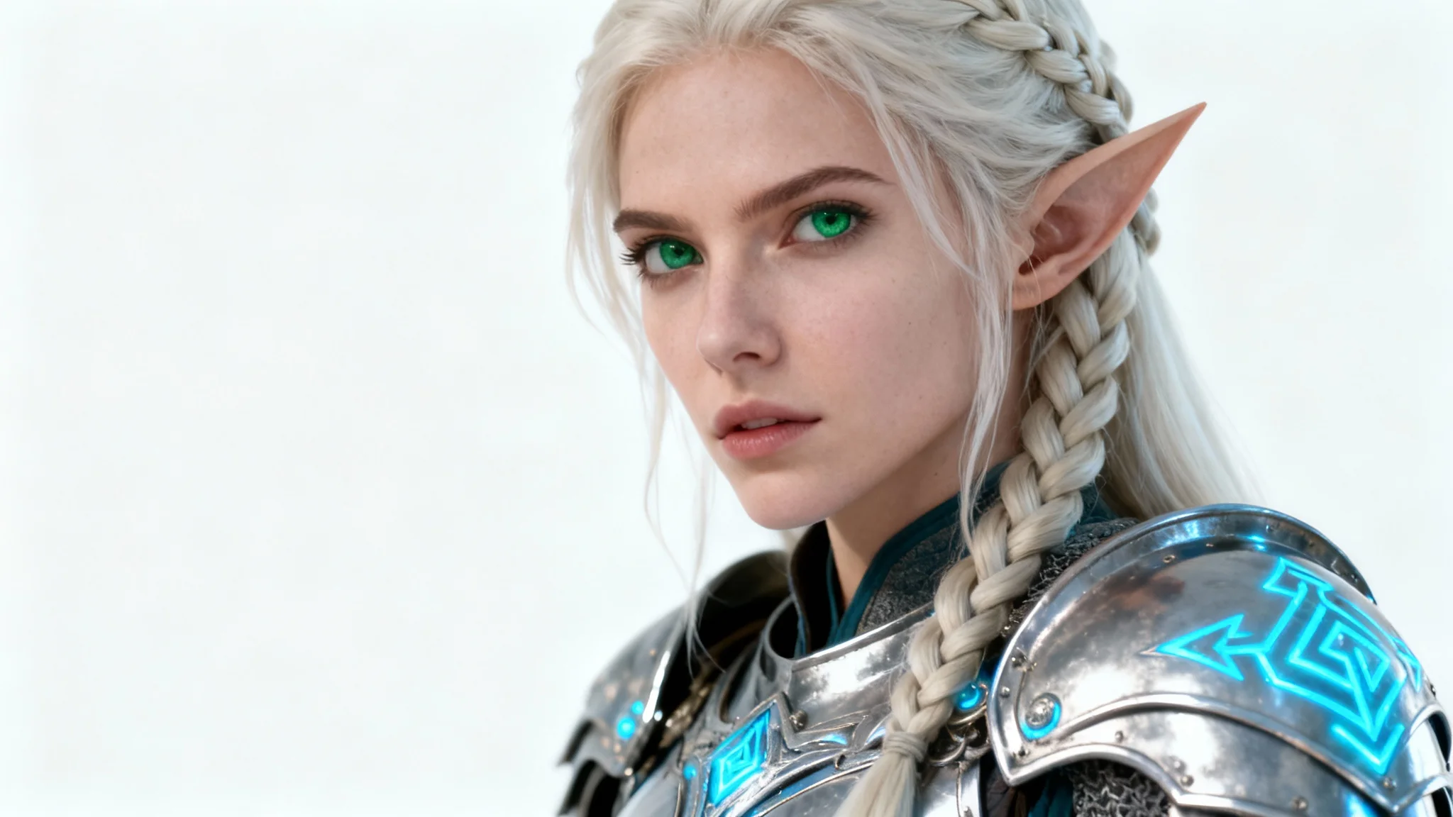 A hyperrealistic fantasy portrait of a beautiful elven warrior princess with platinum blonde hair and green eyes, wearing ornate silver armor, set against a plain white background.