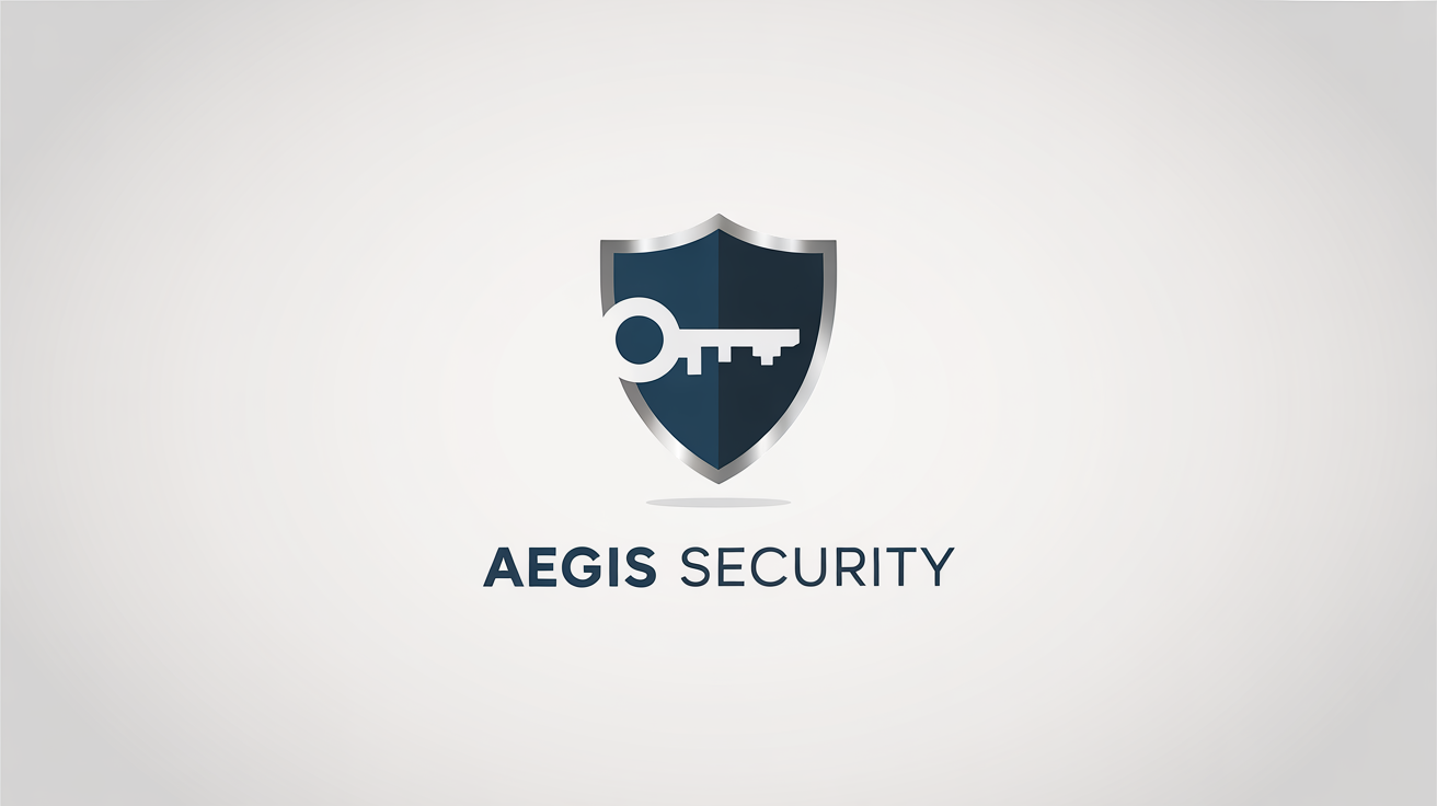 A modern security logo for 'Aegis Security' featuring a navy blue and silver shield emblem with a digital key inside, displayed on a white background.