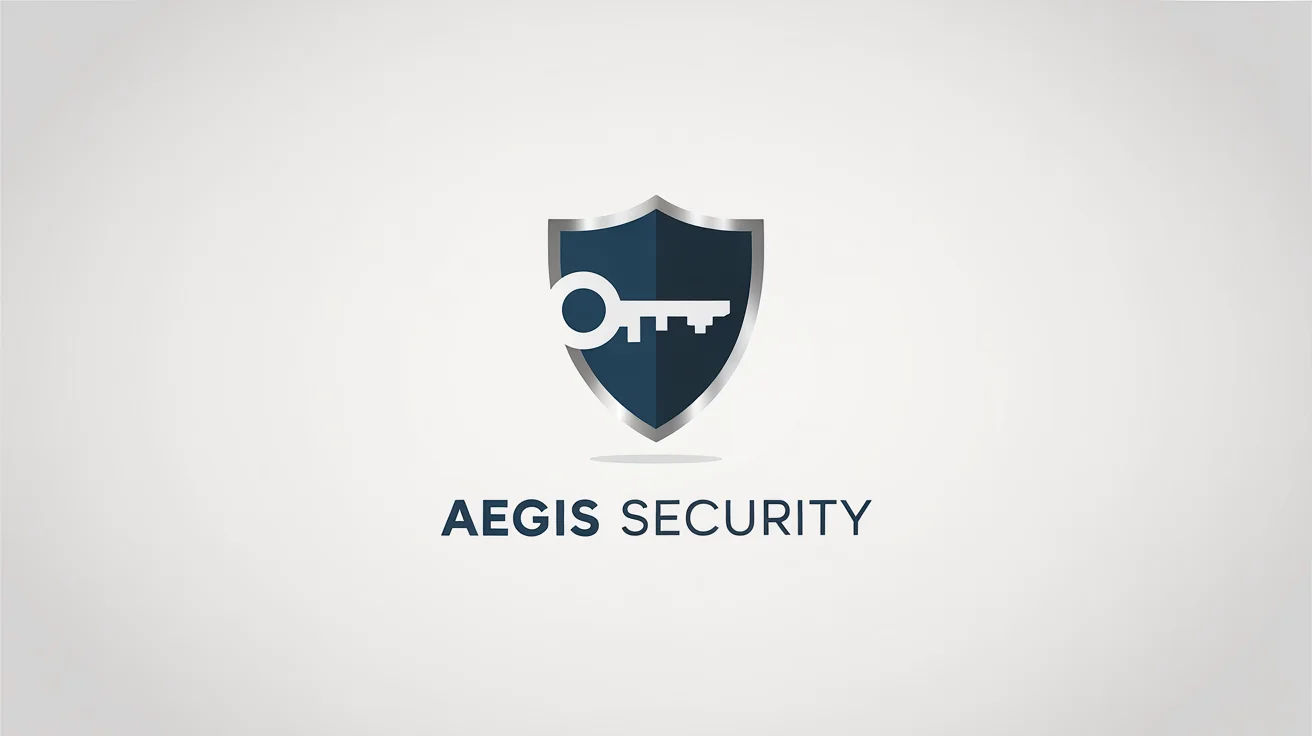 A modern security logo for 'Aegis Security' featuring a navy blue and silver shield emblem with a digital key inside, displayed on a white background.