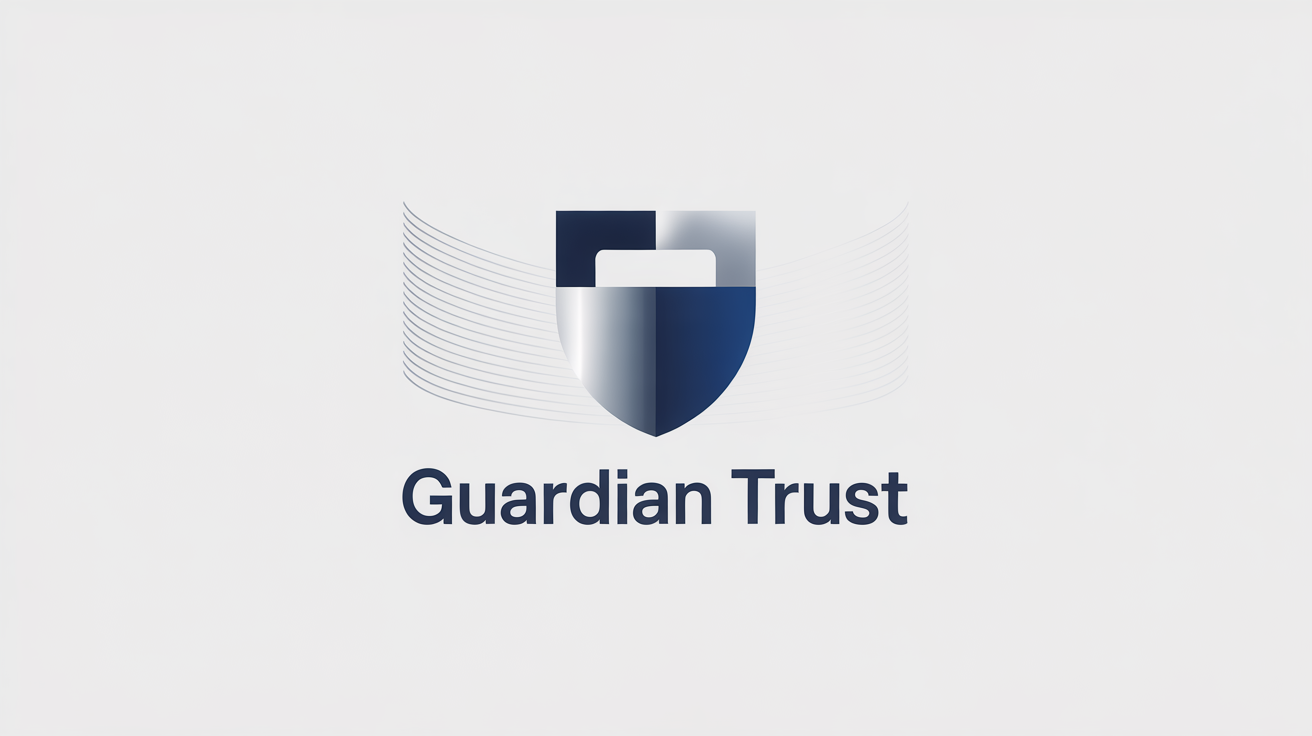 A modern security logo for 'Guardian Trust' featuring a navy blue and silver shield icon with a digital lock design, presented on a white background.