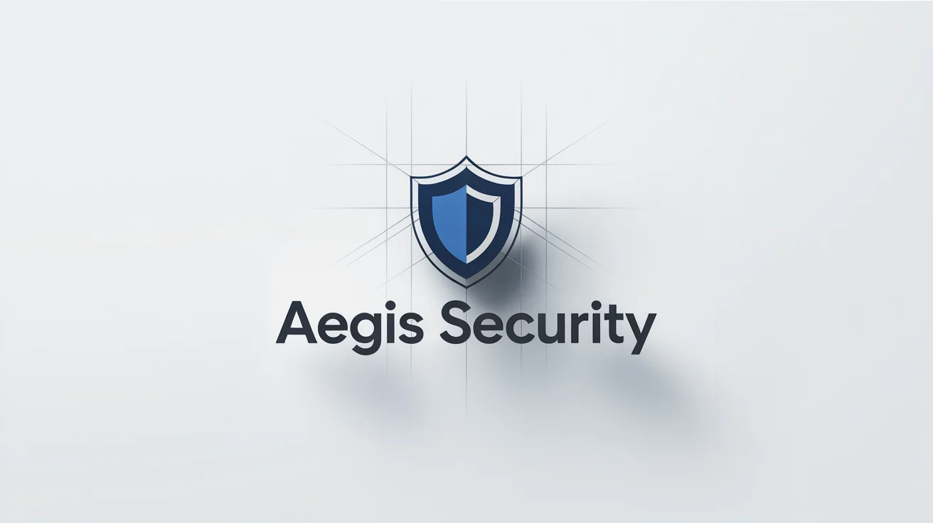 A modern logo for a security company named 'Aegis Security', featuring a navy blue and silver shield icon. The logo is displayed on a clean white background.